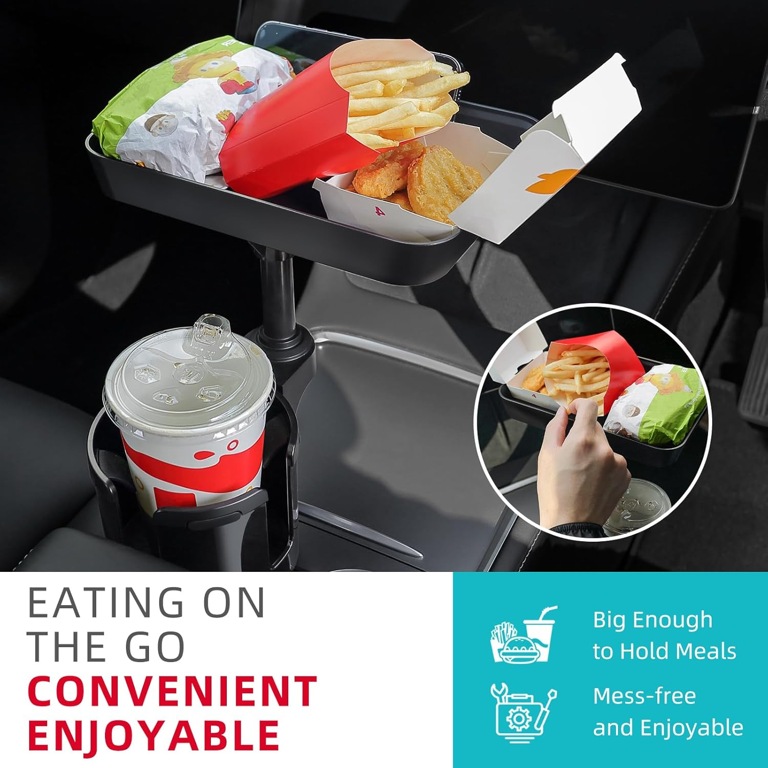 DYLEN Car Cup Holder Expander, 24Cm Detachable Car Food Tray Table for Eating, Cup Holder Expander Adapter for Car, Road Trip Essentials Fits Large Drink Bottles 500-1500 ML (7.1-10.7 CM)