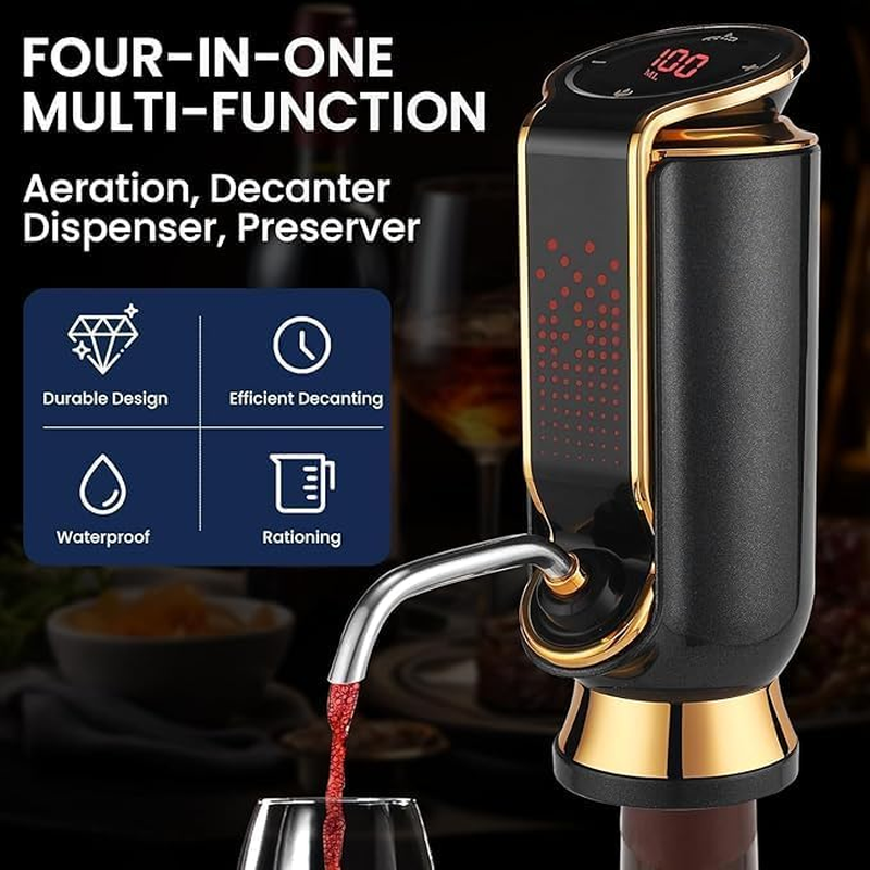 Oriver 4-In-1 Electric Wine Aerator & Dispenser with Rechargeable Battery, LED Display, Decanter, Vacuum Saver &ndash; Fast Pouring, Stainless Steel Design