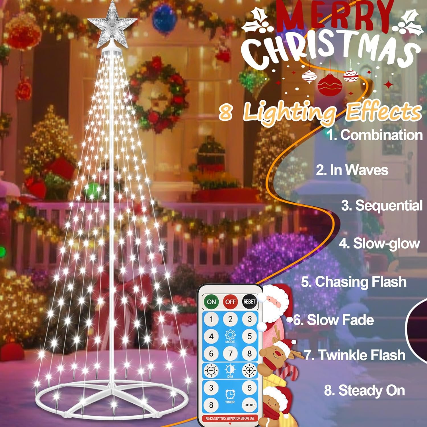 Outdoor Solar Christmas Cone Tree Lights,1.5M 202 LED Christmas Tree Lightshow with 8 Modes Timer Remote, Lighted Artificial Tree USB Charge for Xmas Yard Porch Patio Party Holiday Decor, Cold White image number 3