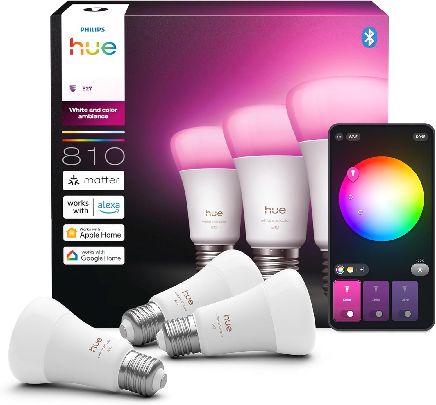 Philips Hue Smart LED A60 Bulb, White and Color Ambiance, E27 Base, 6W, Full Spectrum Light 1000K-20000K, 810 Lumens, Dimmable, Compatible with Alexa, Google Assistant, and Apple Home, 3 Pack