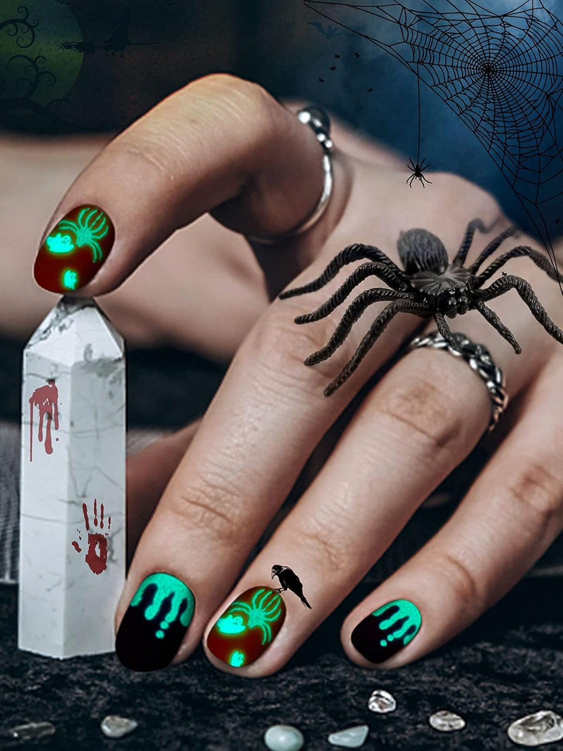 Luminous Halloween Nail Wraps Decal with Nail File, EBANKU Self-Adhesive Nail Art Sticker for Halloween Skull Pumpkin Spider Full Wraps Strips for Women Girls Party Nail Decorations image number 5