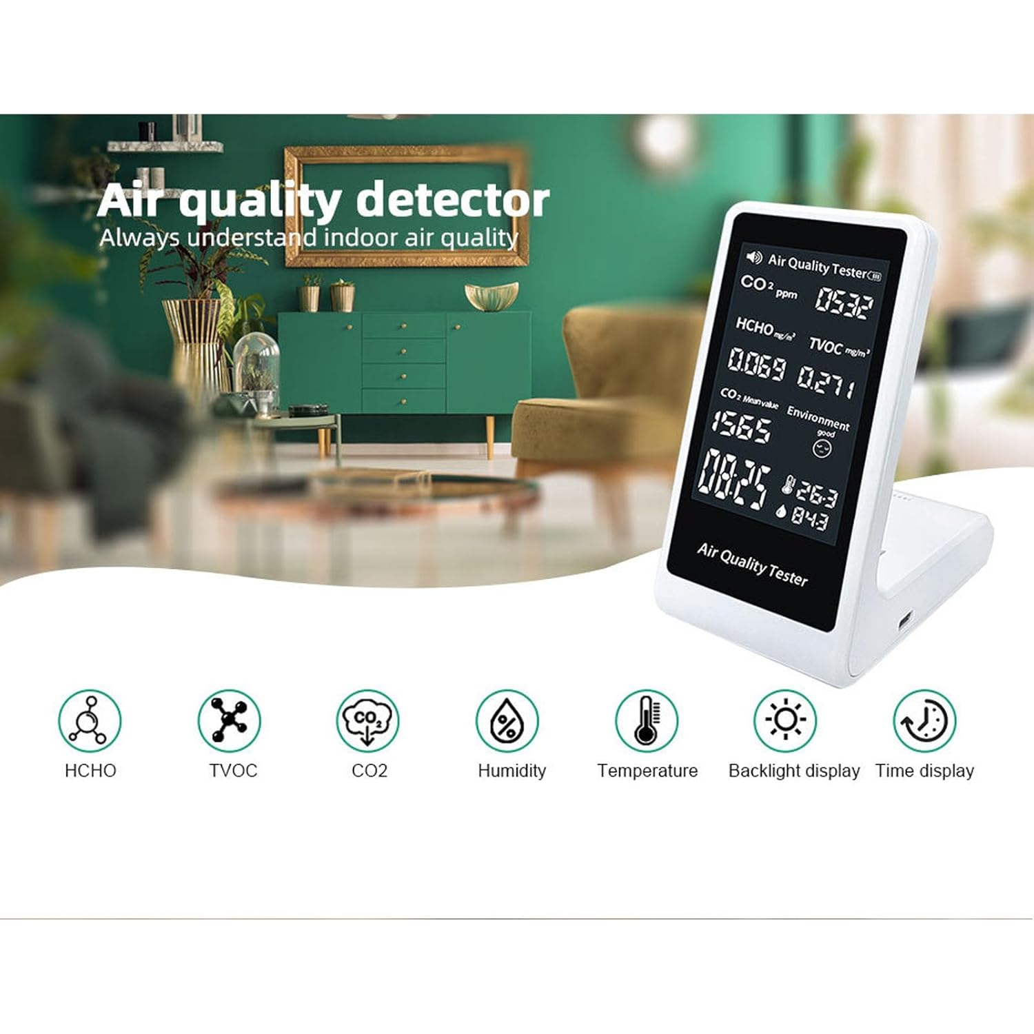 7-In- Quality with Auto Alarm & HD Display | CO2, TVOC Detector for Home, Office, Indoor image number 2