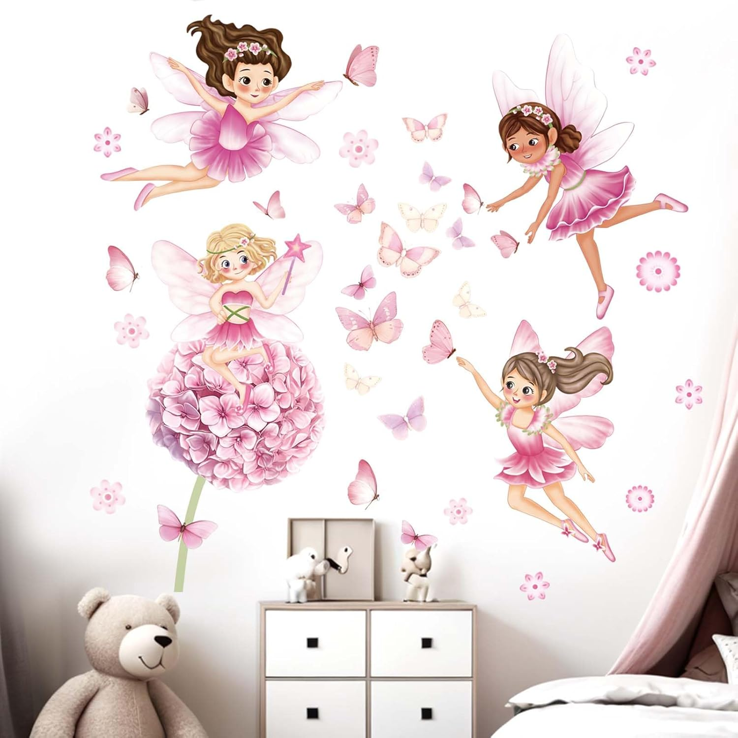 Fairy Girl Flower Wall Stickers - Pink Dandelion Floral Butterfly Wall Decals - Girls Bedroom Nursery Daycare Playroom Classroom Wall Decor image number 5