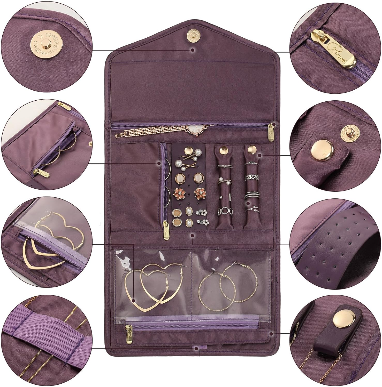 Jewelry Rolls, Travel Jewelry Organizer Roll, Foldable Jewelry Case, Women Jewelry Storage Bag for Journey-Rings, Necklaces, Earrings, Bracelets, Watches, Brooches by Vanfn P.Travel Series image number 4