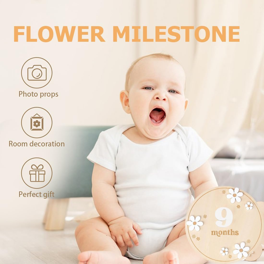 1 Set Baby Monthly Milestone Cards with Adhesive Dots, Flower Style, Wooden Photo Props for Toddlers from 0-12 Months, Baby Shower Growth Record image number 4