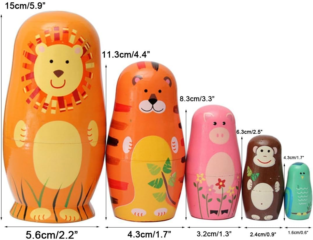 Set of 5 Cutie Cartoon Animal Nesting Dolls Matryoshka Madness Russian Doll Popular Handmade Kids Gifts Toy image number 6