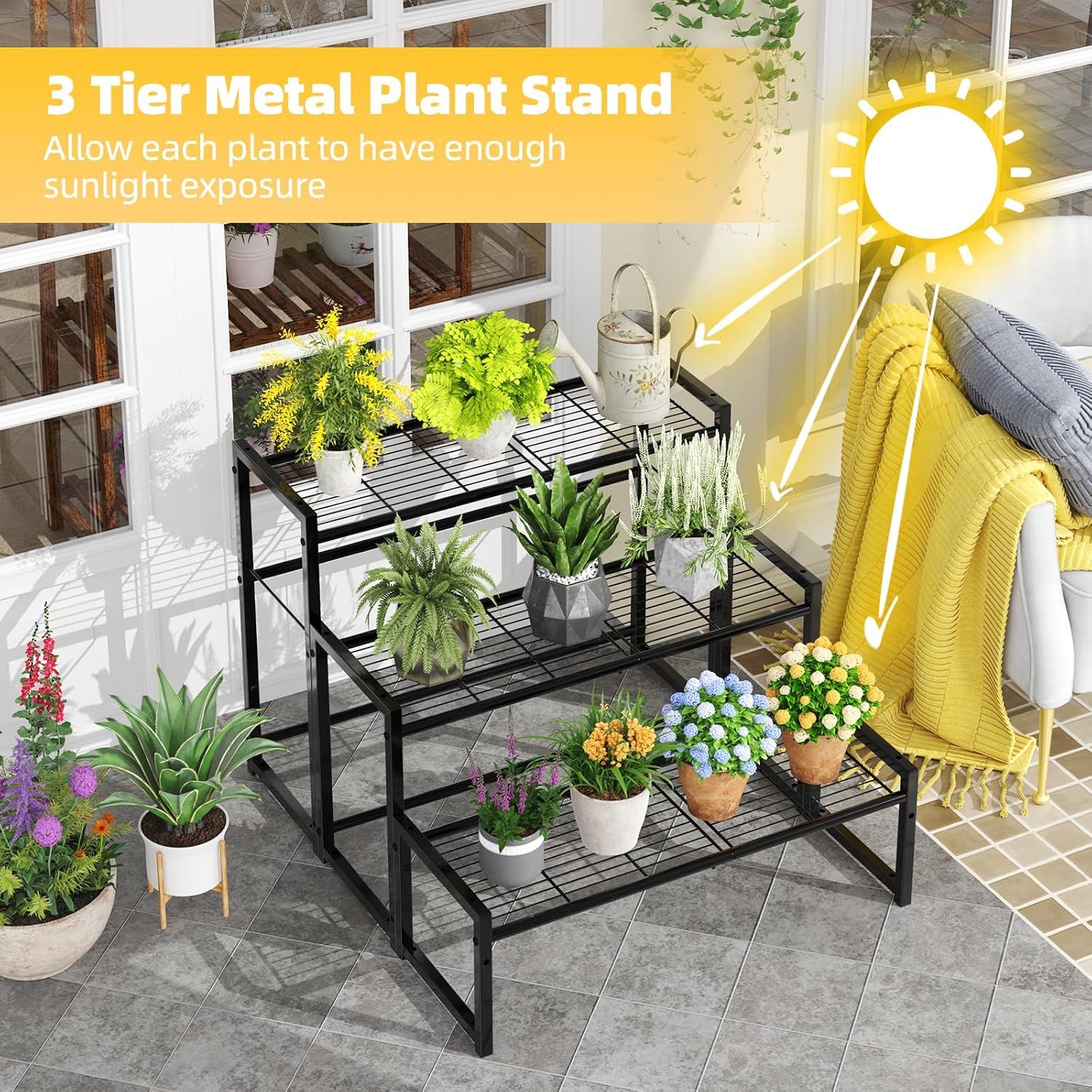 Simple Trending 3 Tier Metal Plant Stand Outdoor Indoor Waterproof, Stackable Heavy Duty Tall Plant Shelf Flower Pot Holder for Garden, Display Rack, Black image number 2