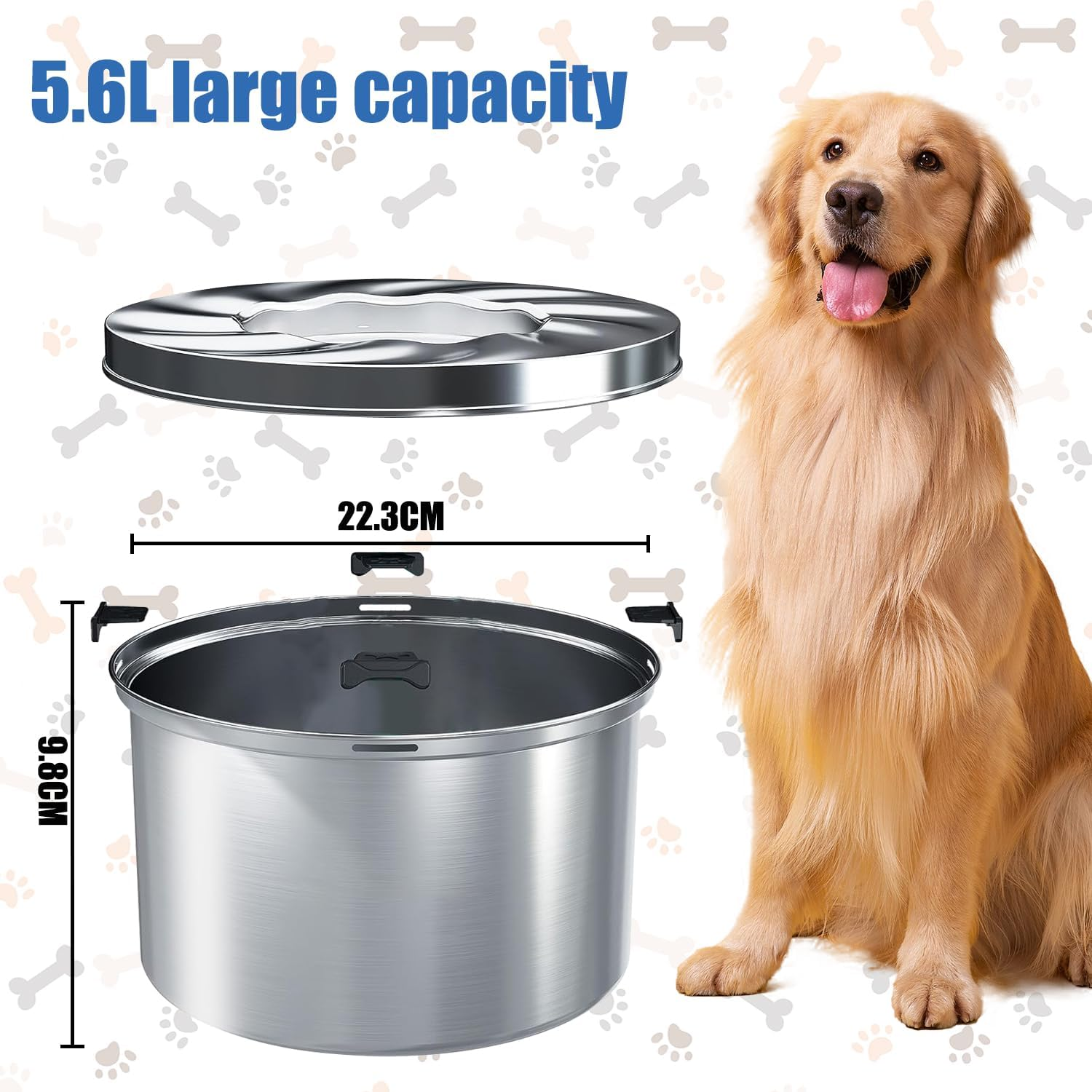 5.6L Stainless Steel Dog Water Bowl,High Capacity No Splash Slow Water Feeder with Floating Tray,Deepening of Drinking Water Trough,Non-Slip Base,Suitable for Large Dogs/Multi Pet Households image number 1