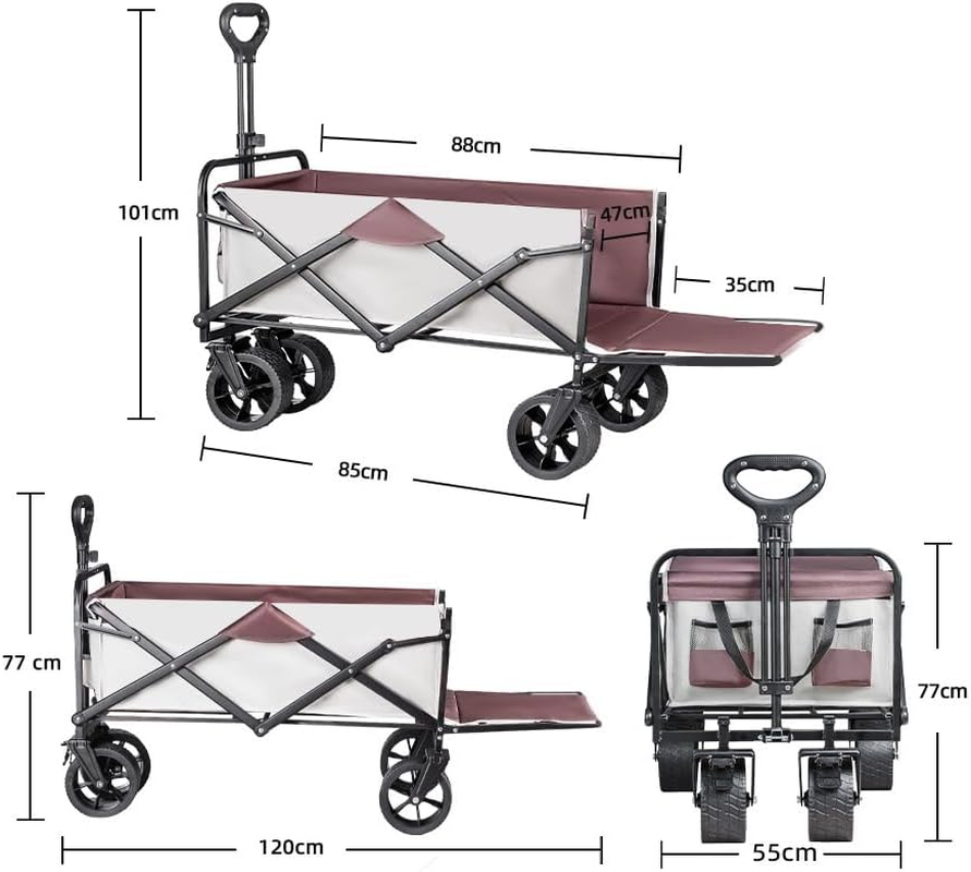 Extra Long Collapsible Foldable Wagon with Big Wheels, Heavy Duty Folding Wagon Portable, Beach Cart Large Capacity, for Shopping, Camping (Black, 120 X 55 X 98 Cm with 7 * 4 Inch Wheels) image number 1