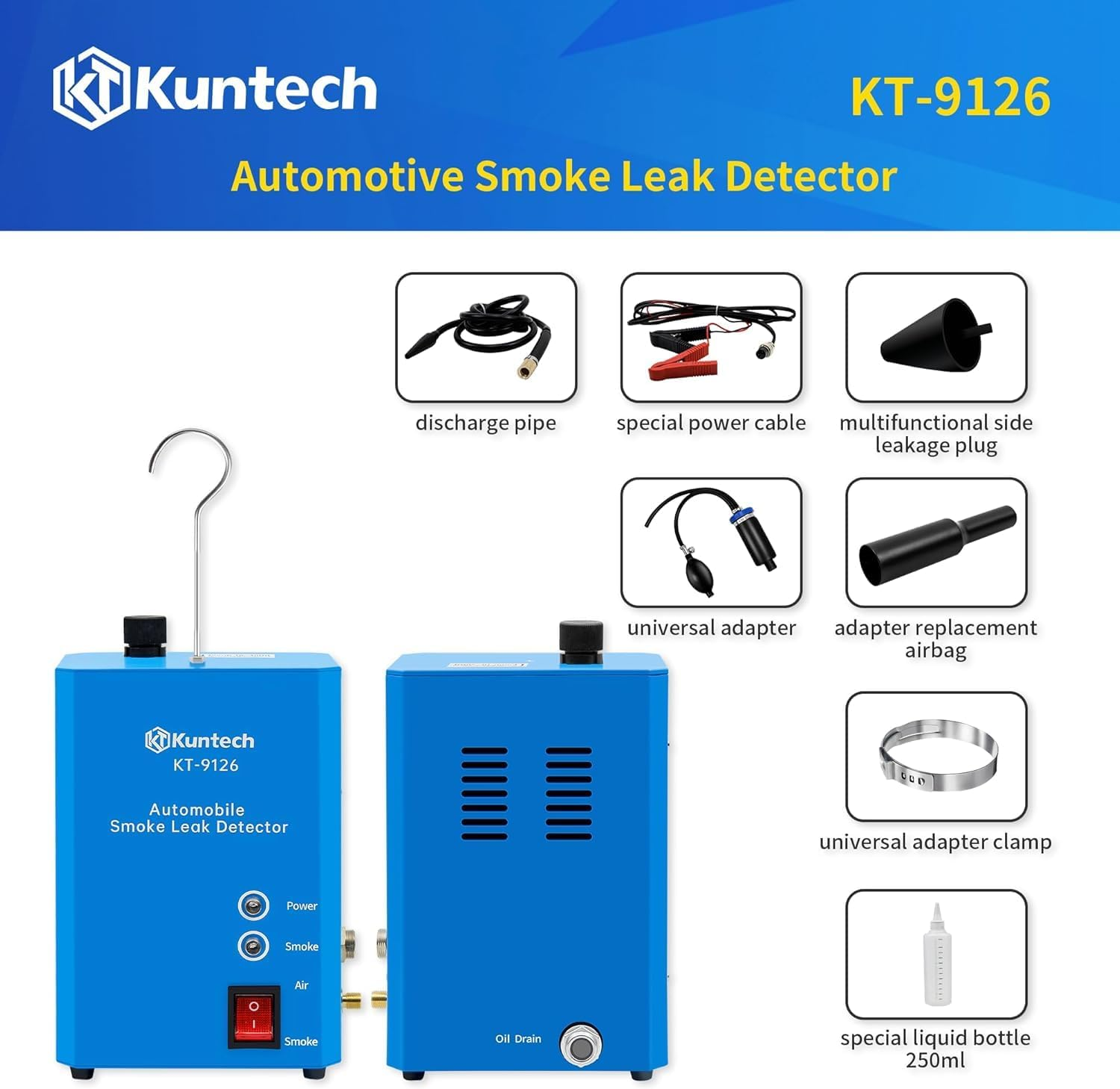 Kuntech Smoke Machine Automotive Built-In Air Pump, 12V DC Smoke Leak Detector for Pipe System, Fuel Leakage, Leakage Diagnostic Tester for Ute, Cars, Trucks, Motorcycle, ATV, Boats, Snowmobiles image number 3