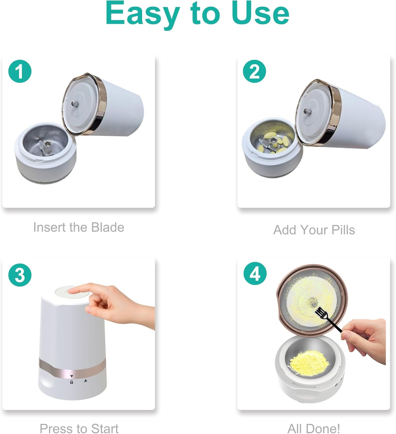 Fullicon Cordless Electric Pill Crusher Grinder - Automatic Tablet Pulverizer for a Fine Powder, Easy One-Touch Medicine Crusher for Elderly, Arthritis & Pets (Rose Gold) image number 4