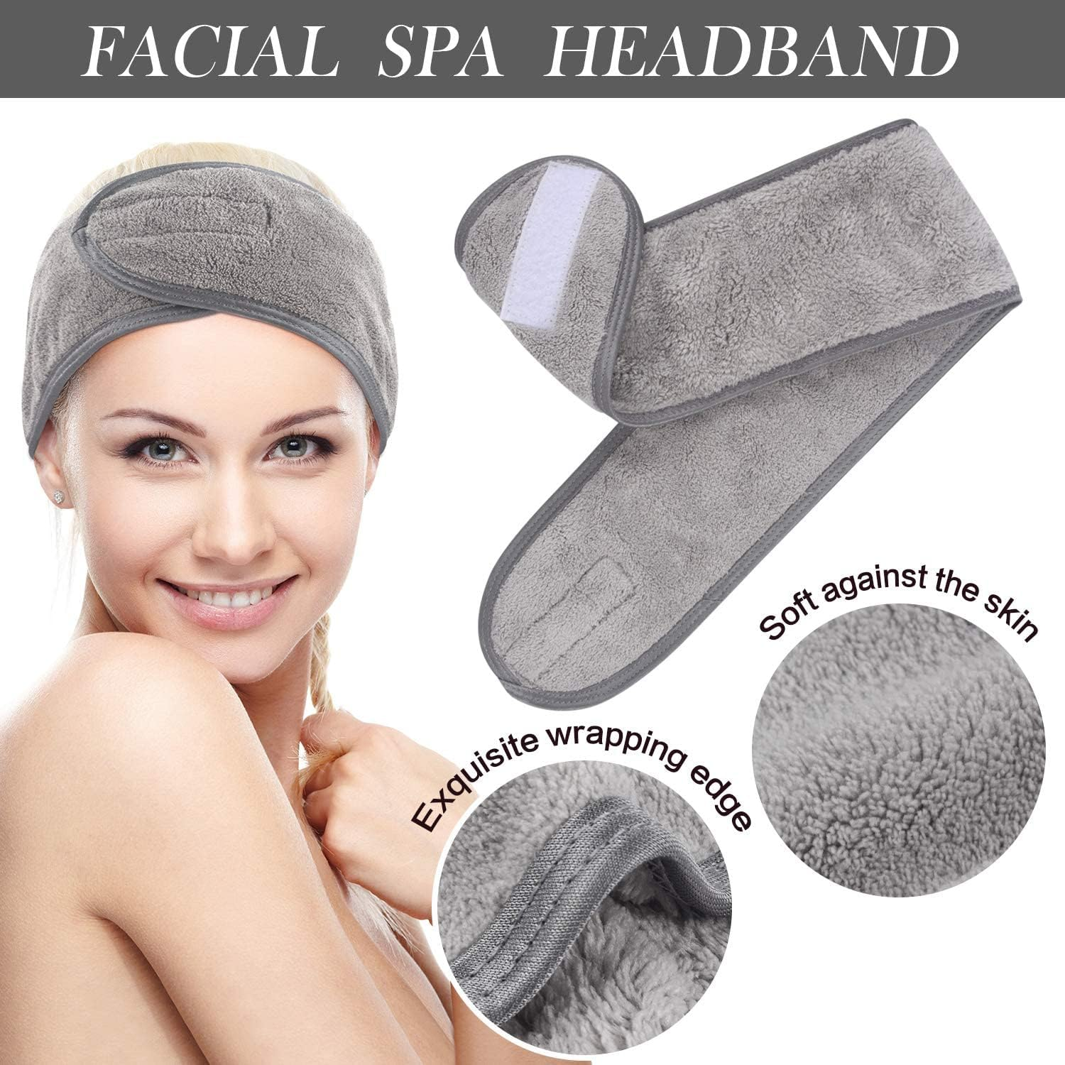 Pglife Spa Facial Headband,Microfiber Adjustable Hair Band,25 X 3.5 Inches,3 Pack, Gray - Gray image number 4