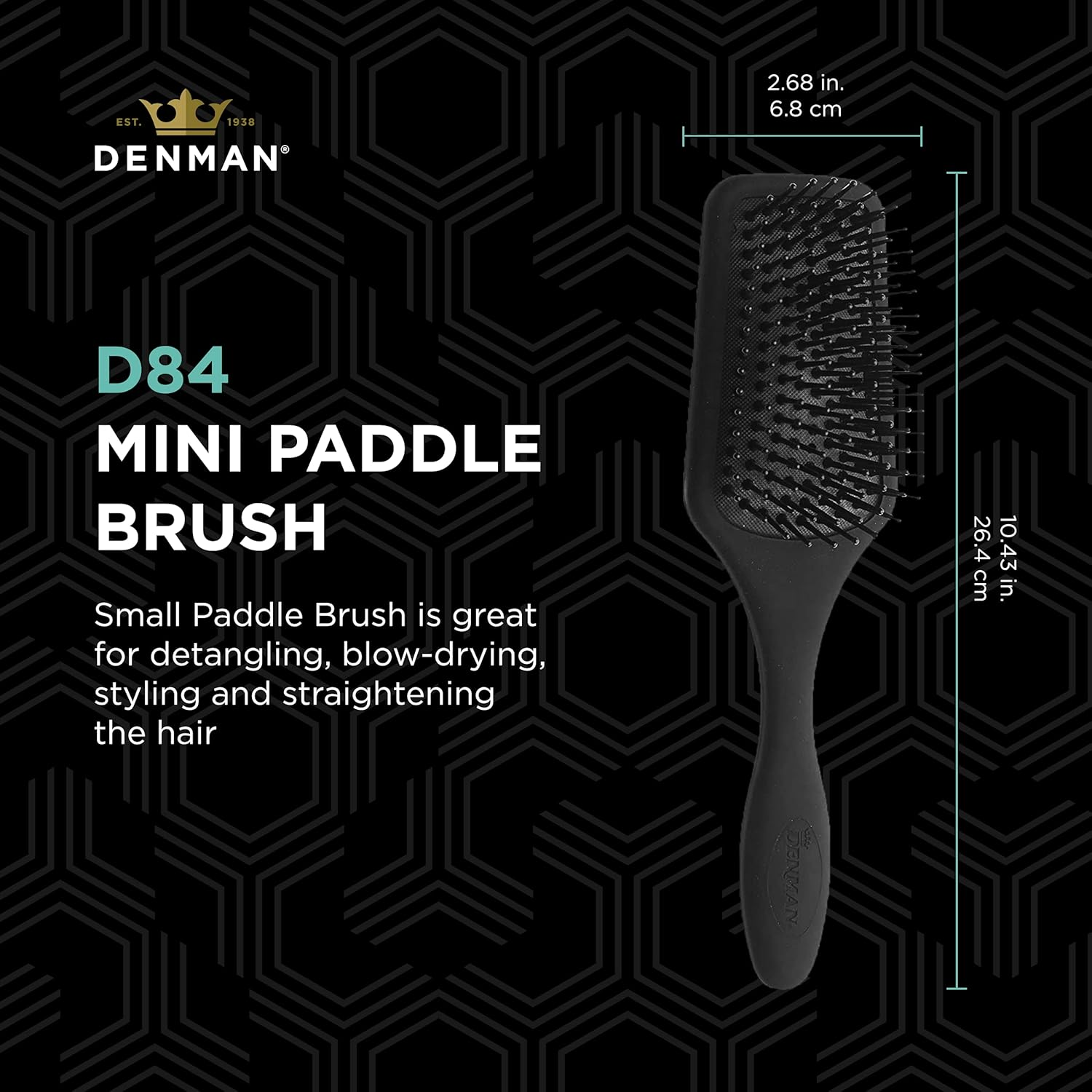 Denman (Black) Mini Paddle Cushion Hair Brush for Blow Drying, Detangling & on the Go Travel - Comfortable Styling, Straightening & Smoothing - for Women and Men, D84 image number 4