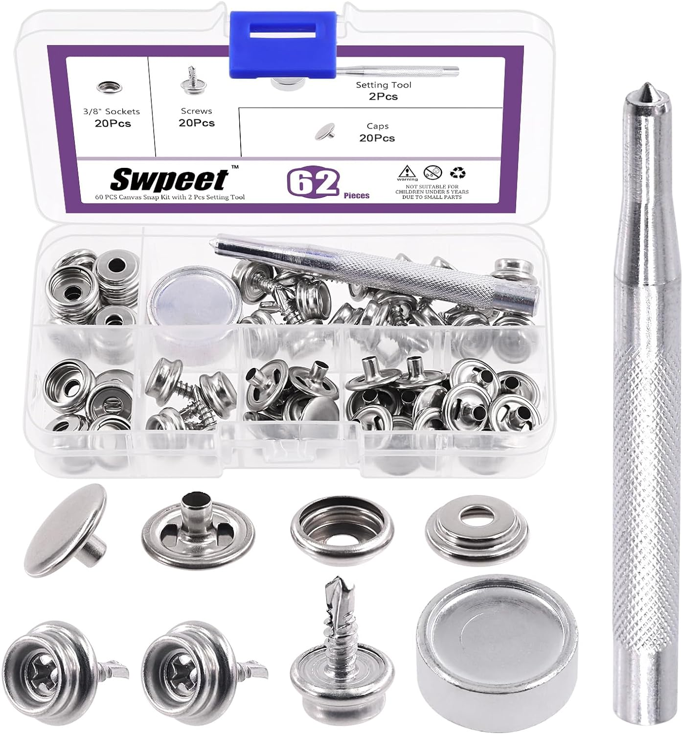 Swpeet 122Pcs Canvas Snap Kit, Stainless Steel Marine Grade Canvas and Upholstery Boat Cover Snap Button Fastener Kit Including 3/8" Sockets 13Mm Metal Screws Caps Anvil 3" Flaring Tool for Boat Cover image number 3