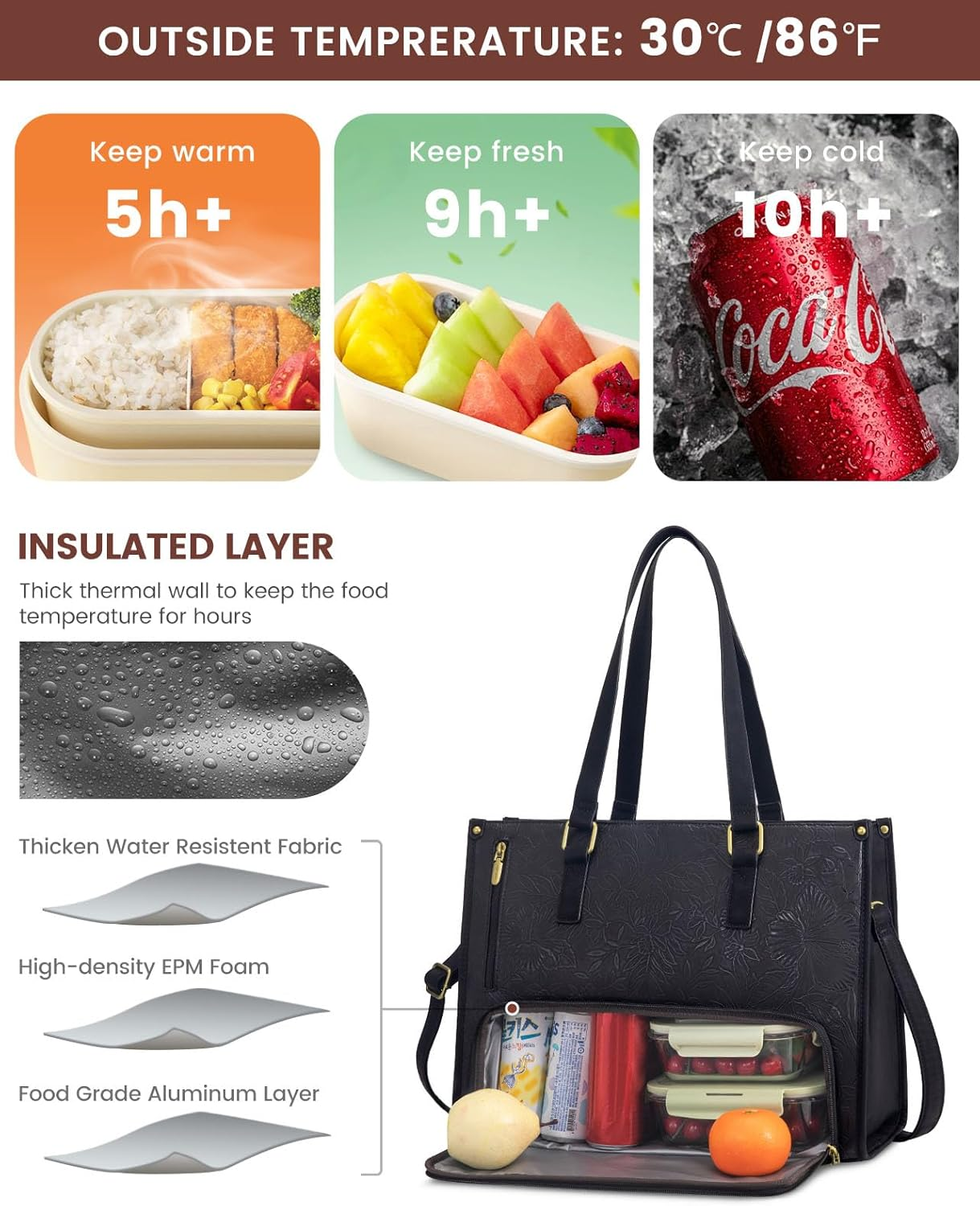 LOVEVOOK Lunch Tote Bag for Women, 15.6 Inch Laptop Bag with Insulated Lunch Compartment, Quilted Large Capacity Computer Handbag with Purse for Business, Work, Collage, Office, Casual, Jet Black