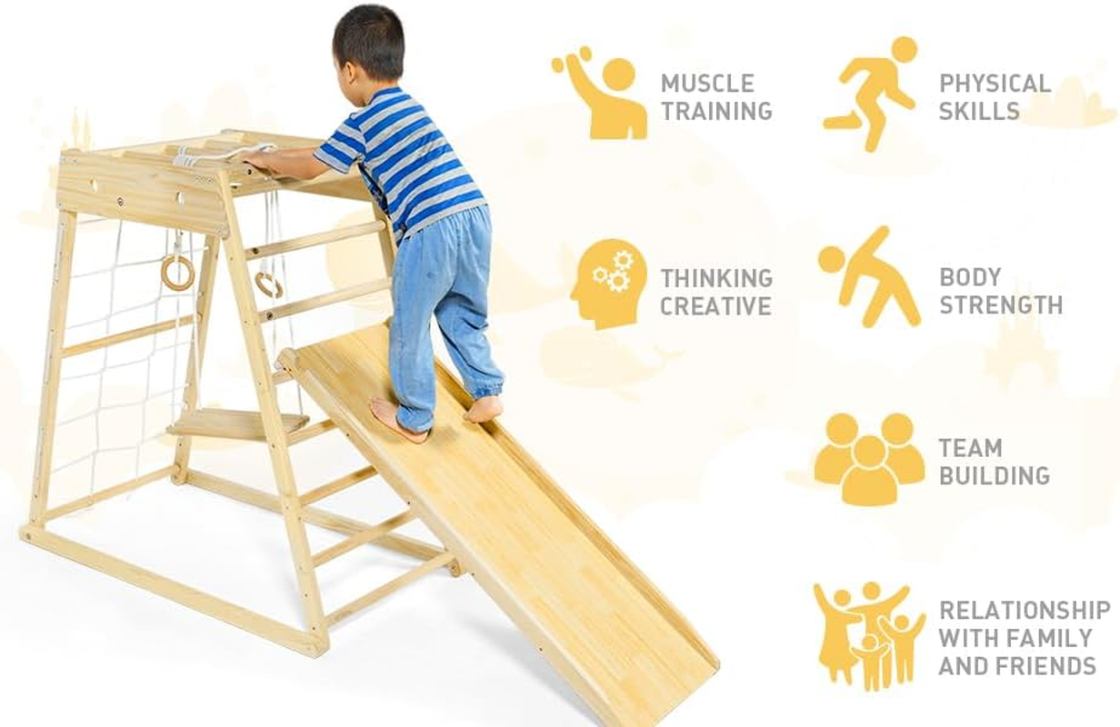 Toddler Climbing Frame,Indoor Playground,Wood Toddler Playset Montessori 7-In-1 with Jungle Gym,Kids Outdoor Play Equipment, Slide,Swing,Swedish Ladder,Monkey Bars,Rope Ladder for Kids Ages 1.5-7 New