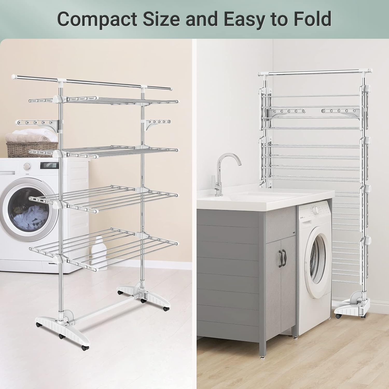 Todeco Clothes Drying Rack,4 Tier Foldable Laundry Drying Rack with Extended Top Bar,High Load Capacity Stainless Steel Space-Saving Clothes Airer with 2 Extra Adjustable Dry Rail Hanger,W/6 Casters image number 3