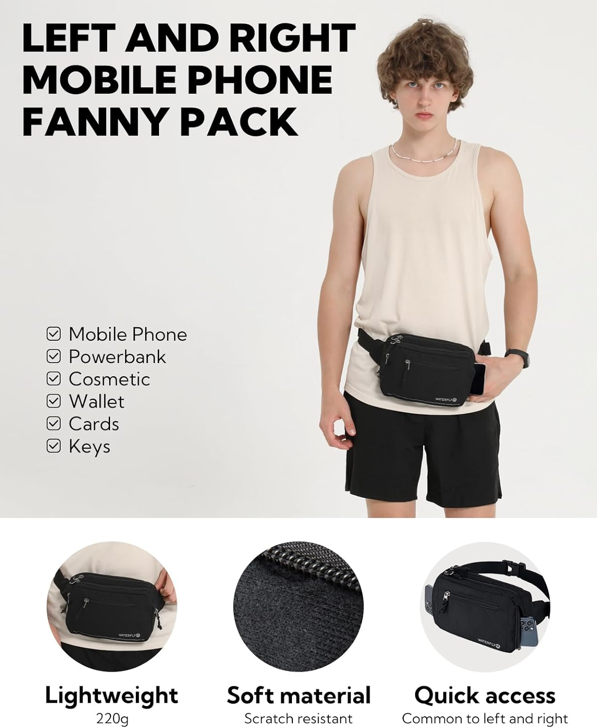 WATERFLY Large Crossbody Fanny Pack: Sports Walking Waist Bag Runner Belt Bum Bag Hip Fannie Pack Woman Man for Hiking Jogging image number 1