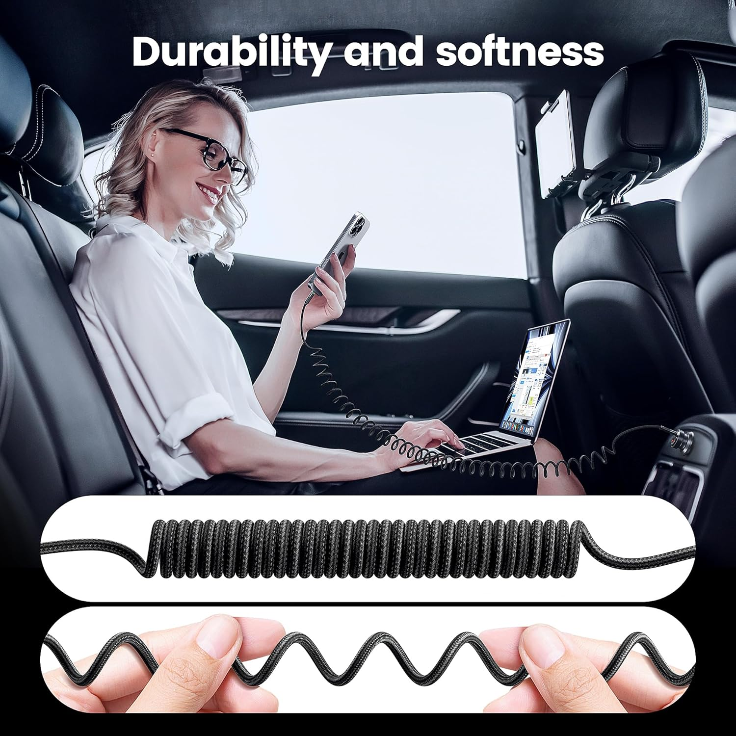 Toocki 100W USB C Coiled Cable, 2Pack 1.2M Type C Coiled Cable with Data Sync LED Indicator for Carplay, Compatible with Iphone 17 16 15 Pro plus Max Air, Ipad, Macbook Pro,Galaxy S25/S24 image number 3