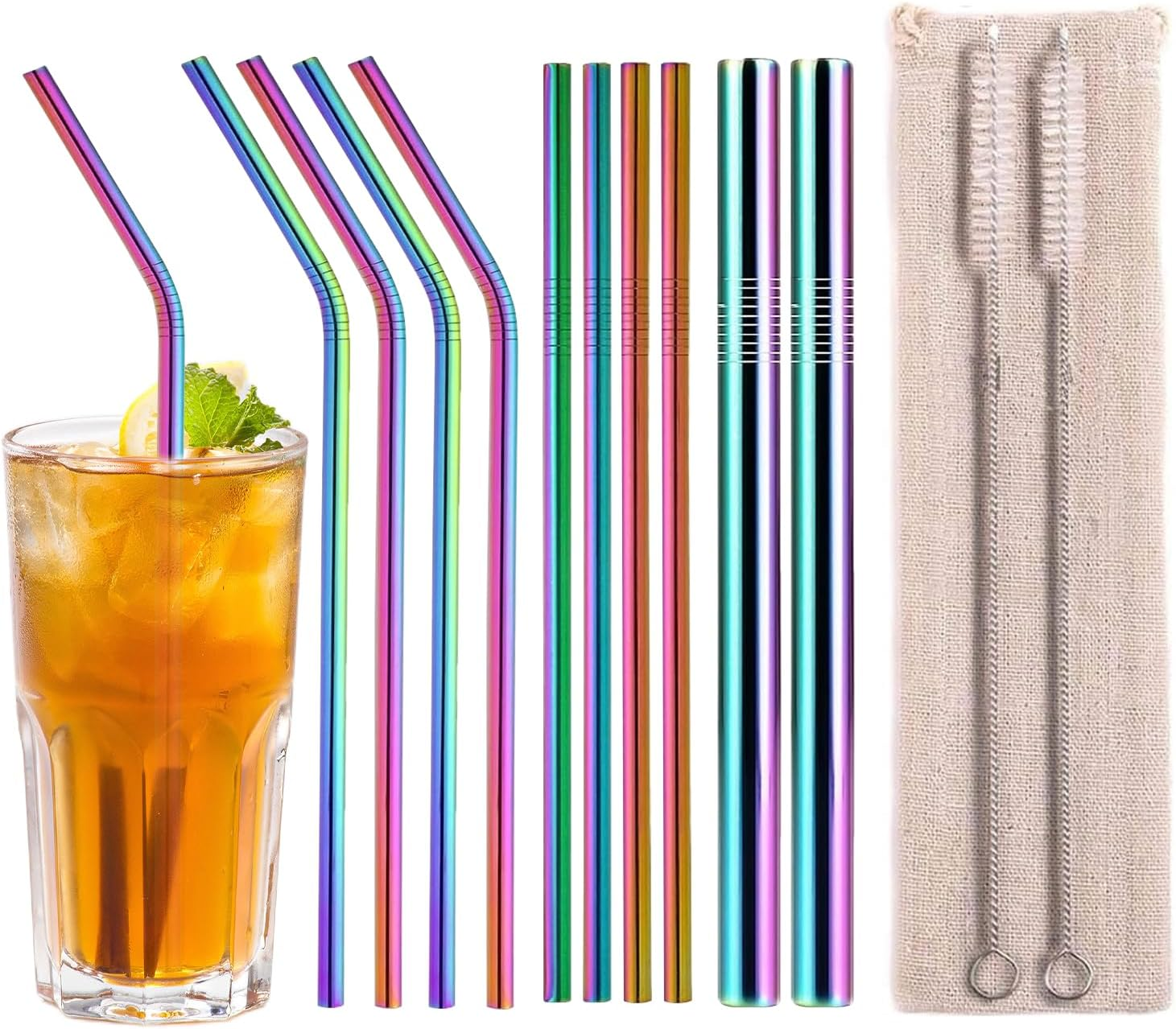 14 Pcs Stainless Steel Straws, Long Metal Straws, Reusable Metal Straw Set with Straight Bent Wide Straws, Straw Brushes and Straw Pouch for Smoothie Milkshake Cocktail Drinks (Colorful) image number 2