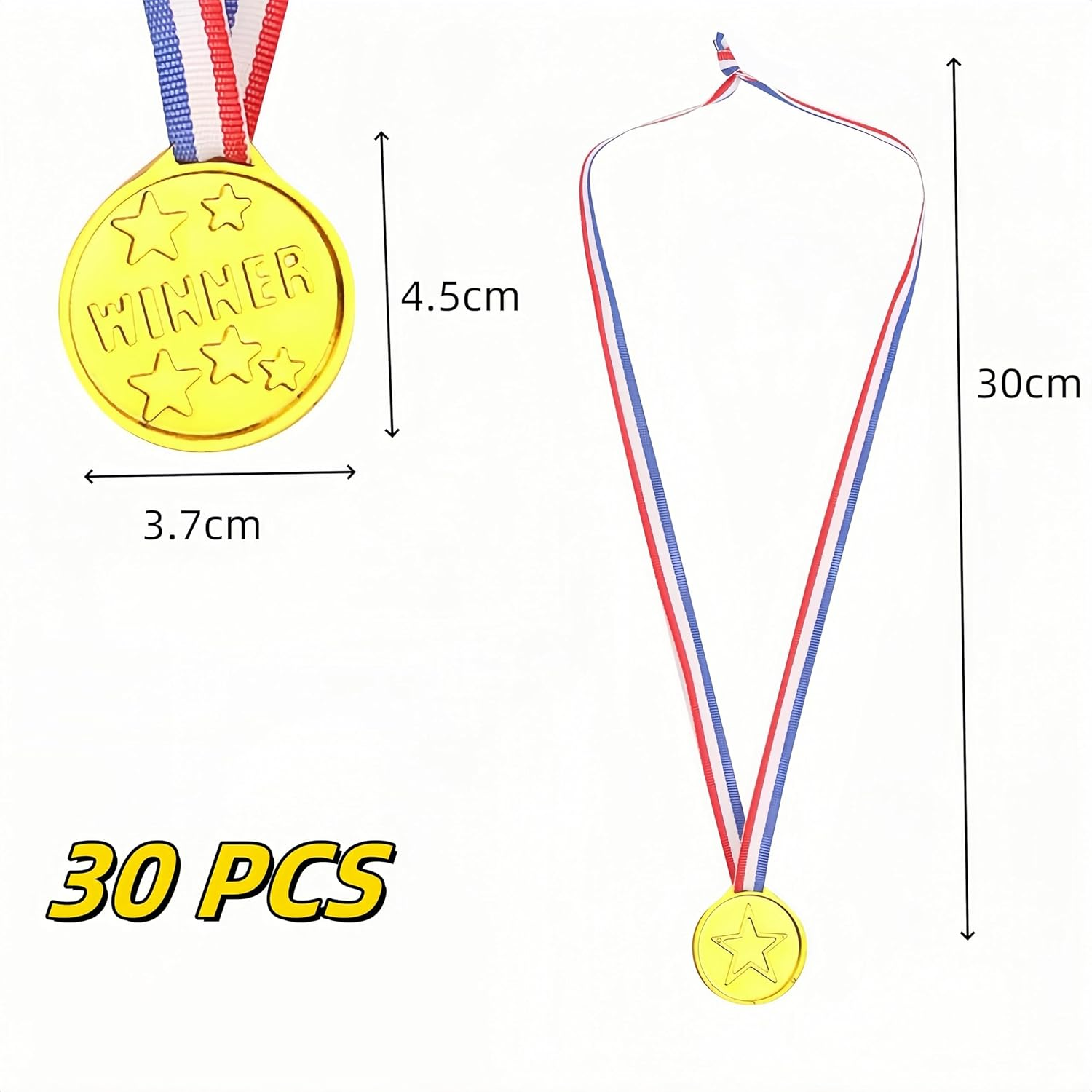 Wizefolk 30 Pcs Medals Awards, 3.7 Cm Winner Medals,Gold Medals,Plastic Medal with Neck Ribbons for Party Decoration, Games Competition, Sports, Activity, Talent Show