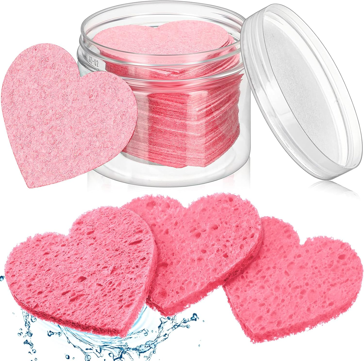 Nuenen 60 Pieces Facial Sponges with Container, Heart Shape Compressed Face Sponges Natural Cleaning Pads for Washing Face Cleaning Exfoliating Esthetician Makeup Removal(Black)