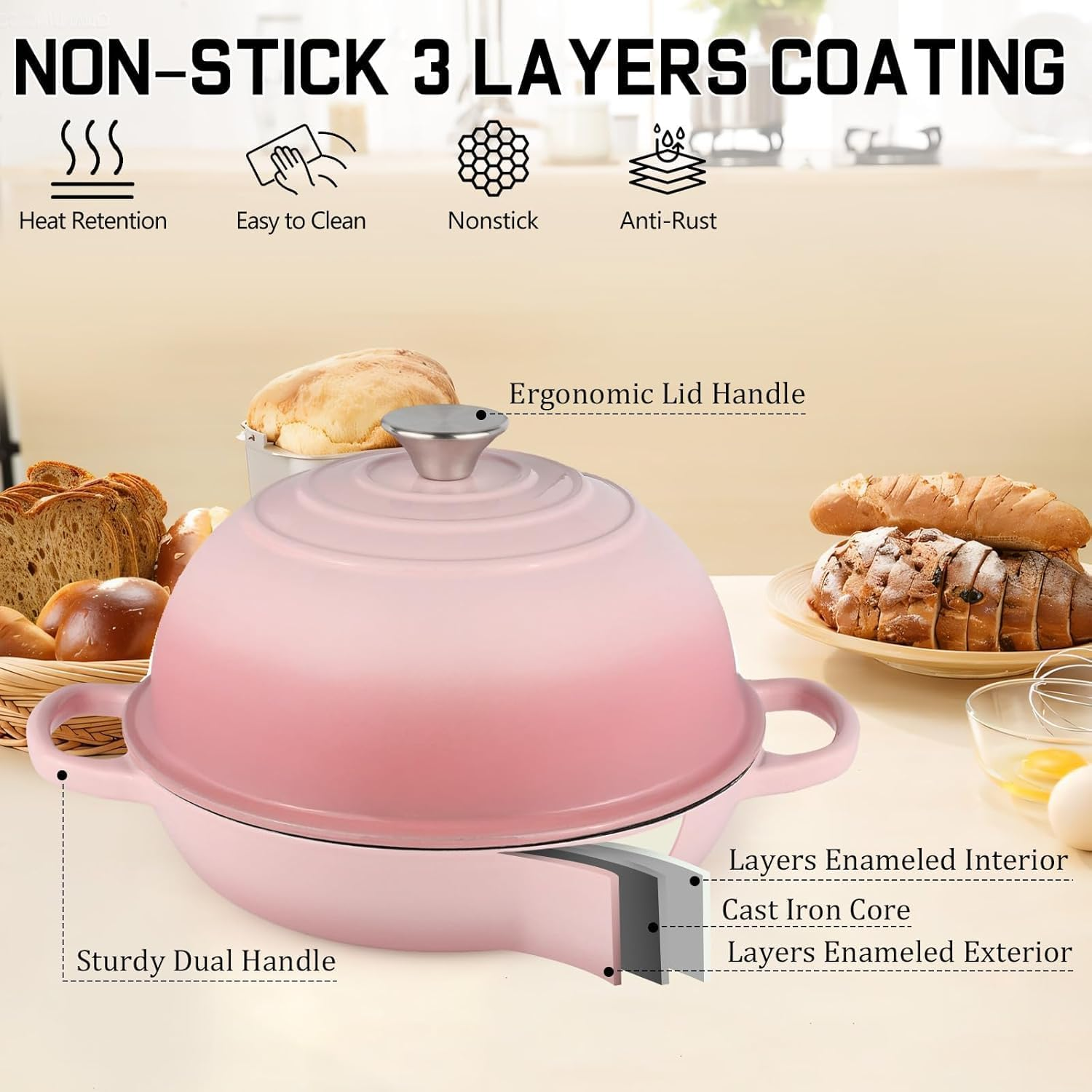 Enameled Cast Iron Bread Oven, 26Cm Bread Dutch Oven for Sourdough Bread Baking, 6 Quarts Bread Pan with Dome Lid, Non-Stick Cookware for Homemade Bread, Pink - Red image number 4