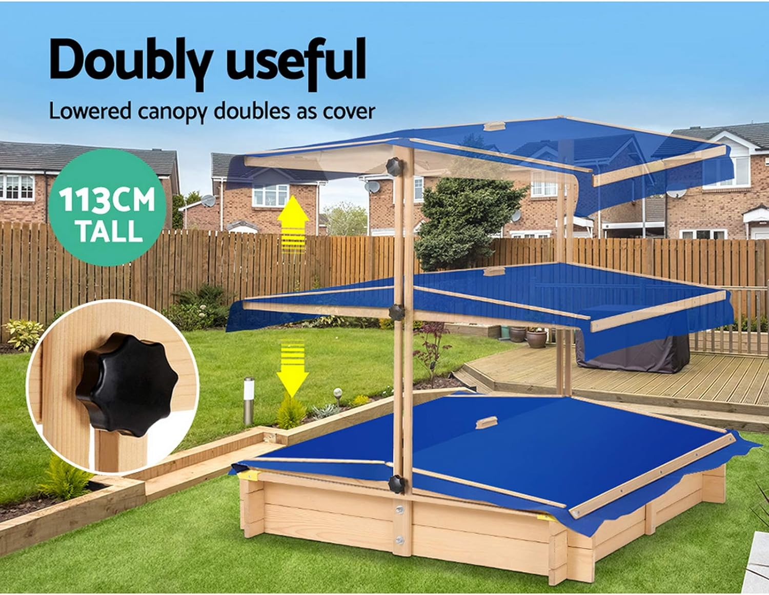 Keezi Kids Sandpit, Wooden Water Table Sand Pit Play Toys Sandcastle Garden Patio Beach Activity Outdoor Toy Games, with Adjustable Canopy Ground Sheet Large Seat Blue image number 6