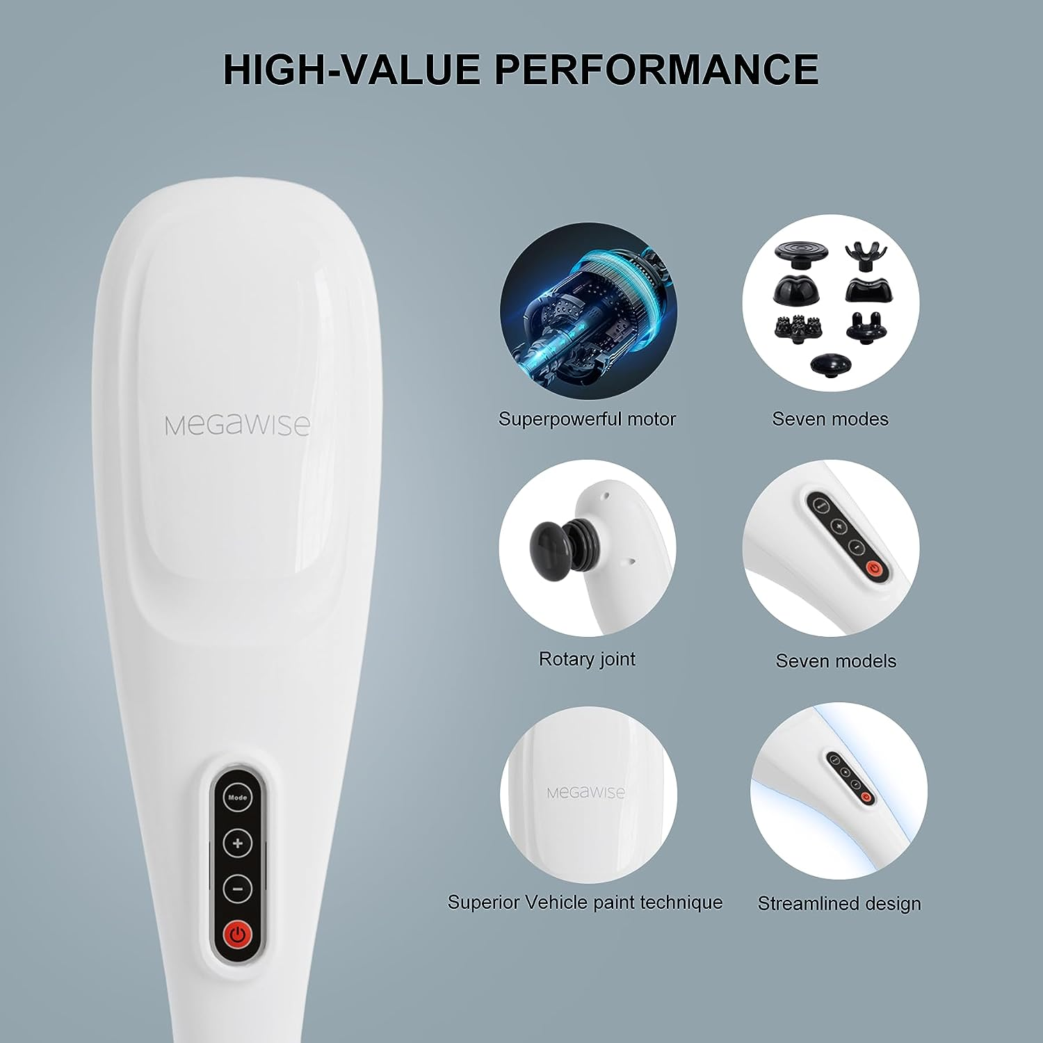 MEGAWISE Handheld Back Massager | Deep Tissue Percussion Massage for Back, Neck, Shoulders, Waist and Legs (Cordless Off-White) image number 1