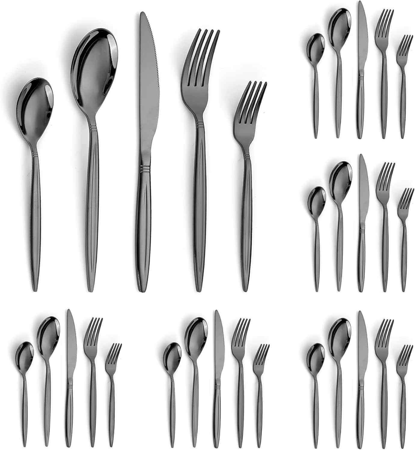 Black Cutlery Set 30 Pieces Service for 6, Berglander Titanium Black Plated Stainless Steel Flatware Set, Knives Forks Spoons Silverware Set
