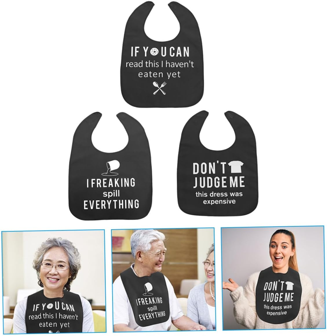 IWOWHERO 3 Pcs Adjustable Adult Bibs for Seniors Decorative Washable Bibs for Elderly Eating Reusable Dining Protectors Women Comfortable Fit for Everyday Use image number 4