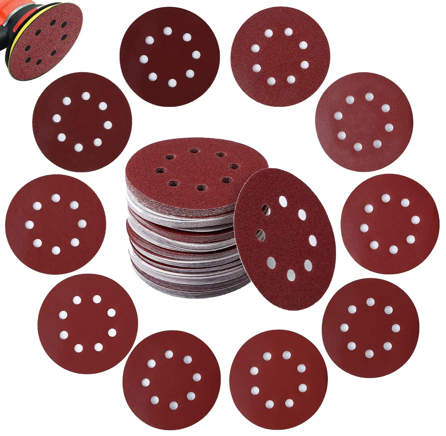 80Pcs Sanding Discs, Gyvazla Sanding Disc Pads 125Mm/5 Inch 8 Holes Hook and Loop 40/60/80/120/180/240/320/400 Sandpaper Assorted for Random Orbital Sander