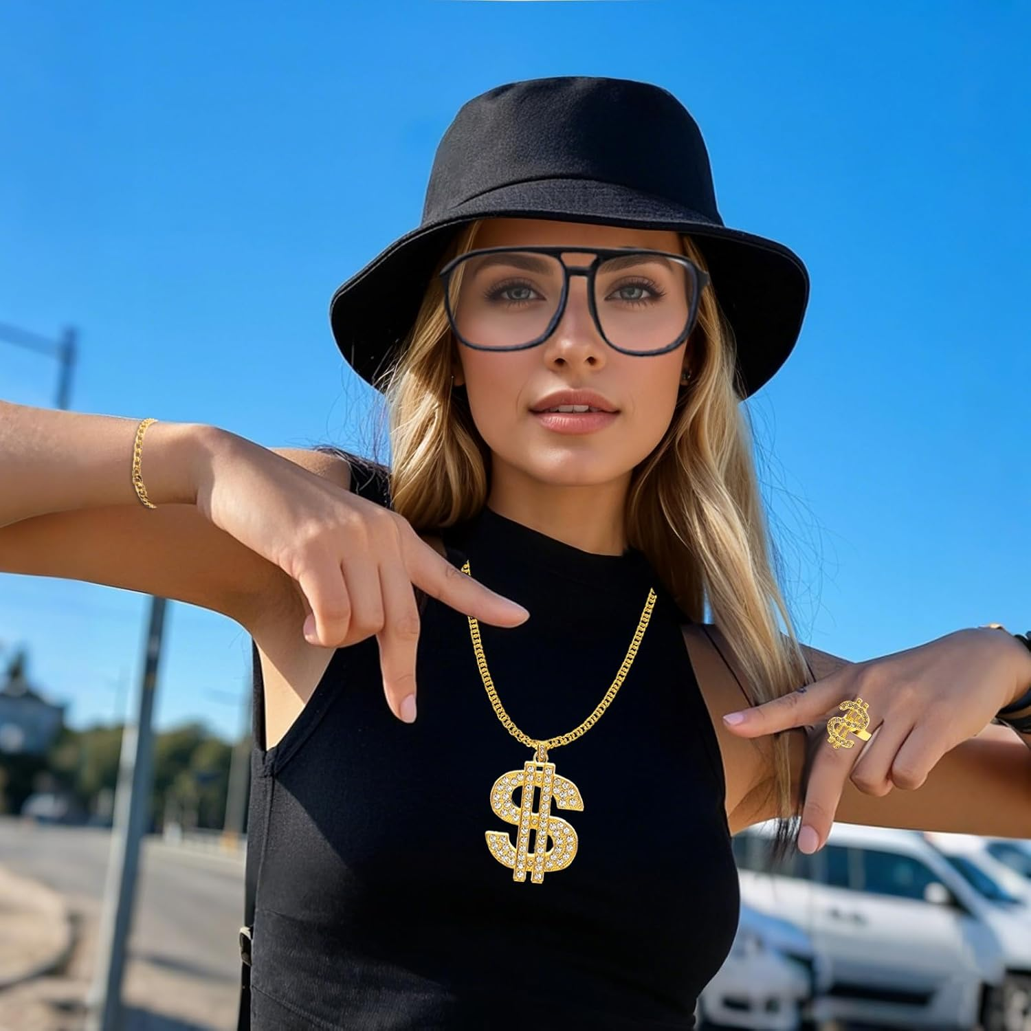 80S 90S Accessories Hip Hop Costume Outfit Kit Sunglass Hat Gold Chain Money Sign Necklace Ring Rapper Accessory image number 5