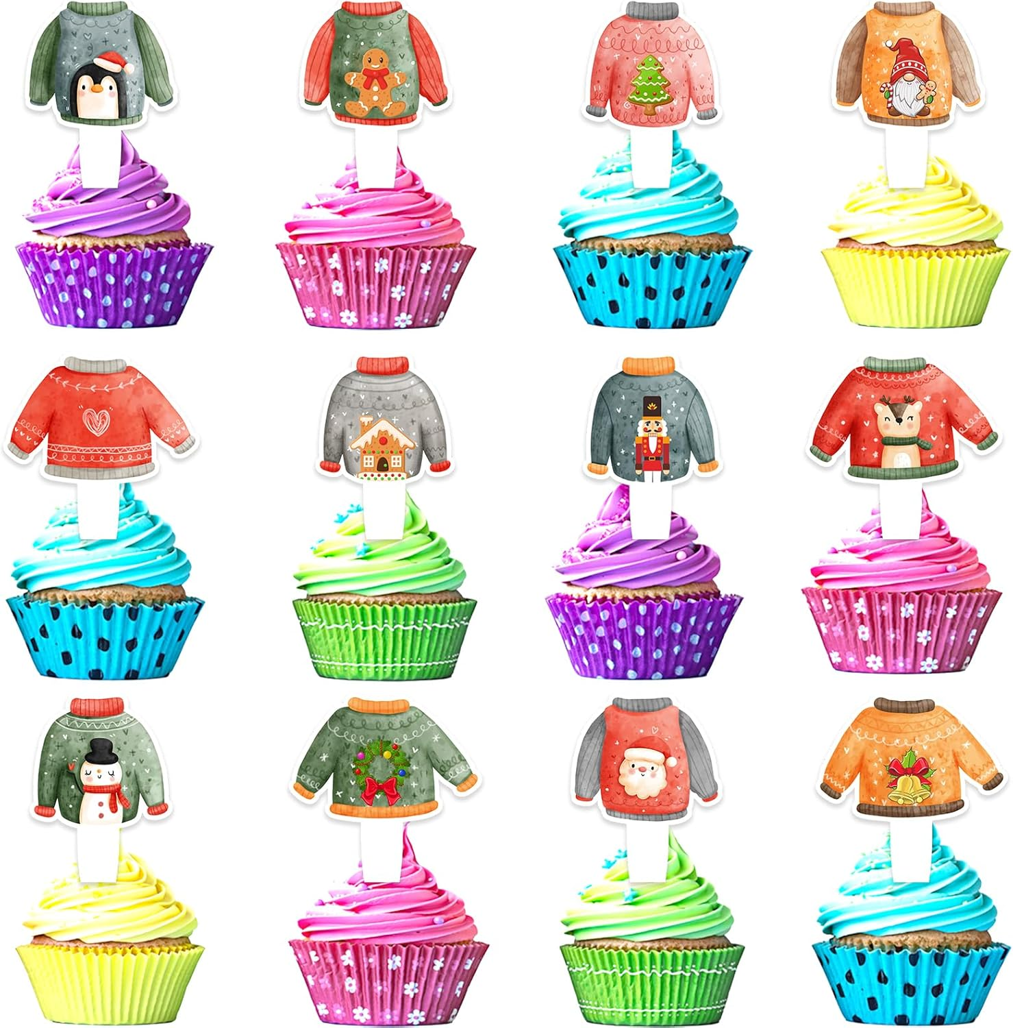 24Pcs Ugly Sweater Cupcake Toppers Set Winter Christmas Holiday Party Ugly Sweater Decorations for Boys and Girls Birthday Party, Baby Shower Party Hohoho Decorations, Birthday Gifts for Kids.Liangss