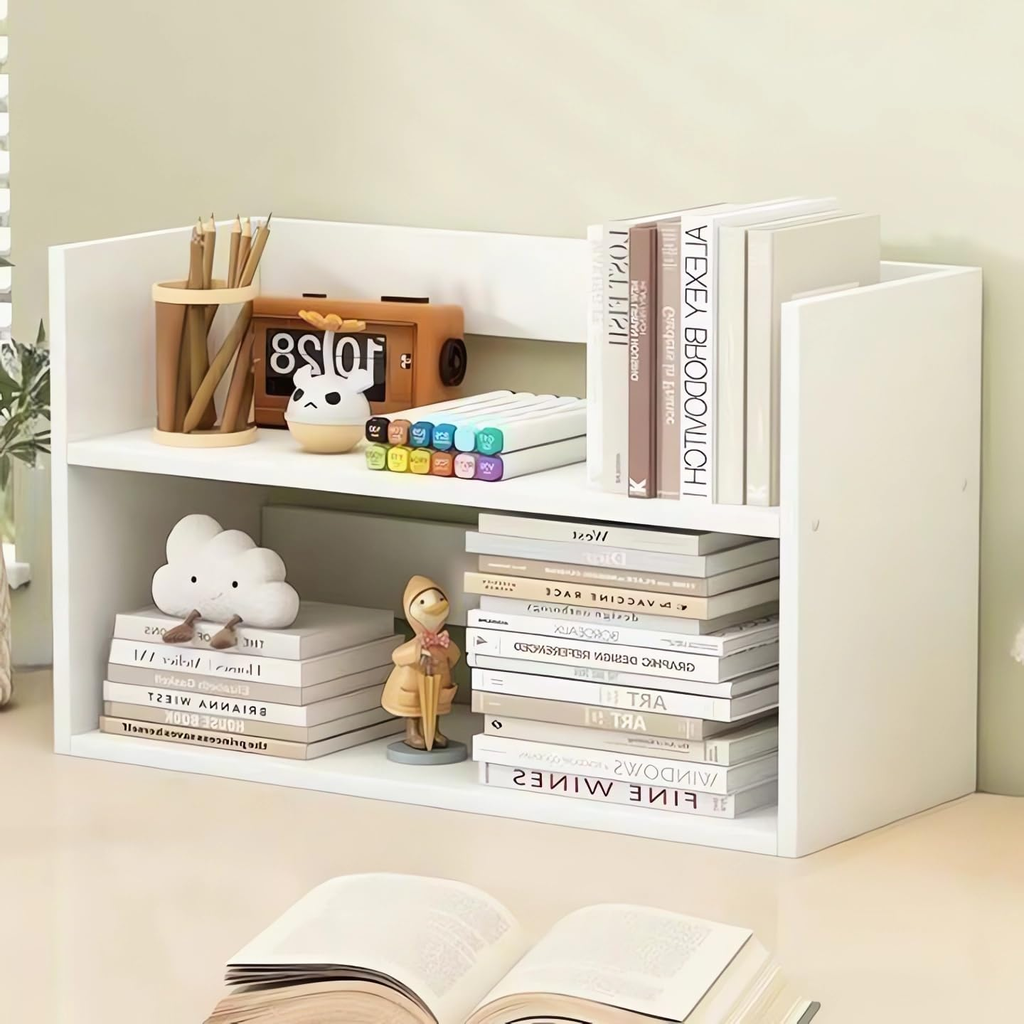 Hbluefat Desktop Organizer Shelf, Small Wood Desk Bookshelf, Tabletop Bookcase Display Storage Rack for Home Office Kitchen (2- Tier,White)