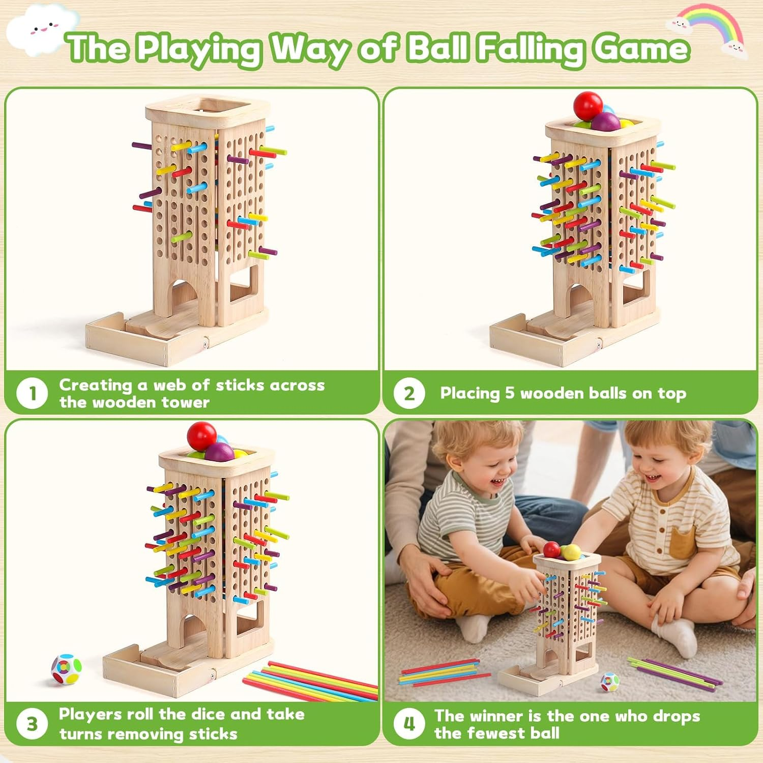 Montessori Educational Toys for 3 Year Old Fine Motor Skills Toys for 5 Year Old Wooden Board Game - with Colorful Sticks, Dice & Stones, Family Game Gifts for Age3 4 5 6 7 8 Boys Girls image number 5