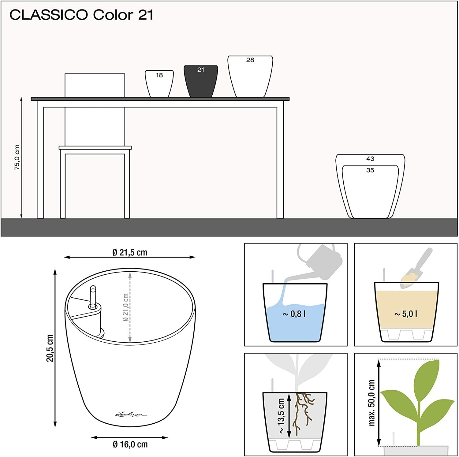 Lechuza Classico Color 21 Self-Watering Planter with Water Level Indicator, White image number 6
