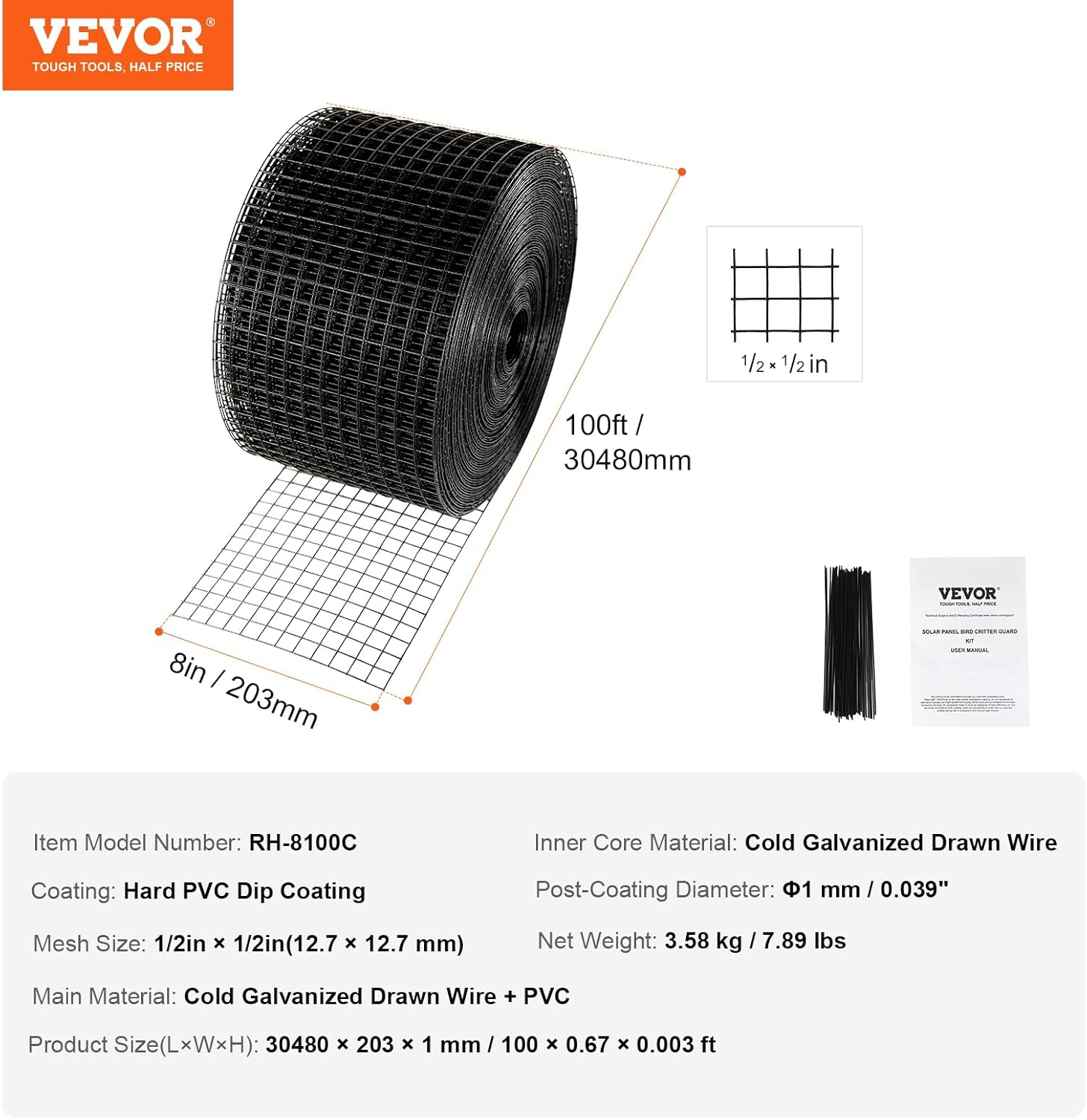 VEVOR 8 Inch X 100Ft Solar Panel Bird Guard, Critter Guard Roll Kit with Rust-Proof PVC Coating, Solar Panel Guard with 50Pcs Tire Wires, 1/2 Inch Wire Roll Mesh image number 3