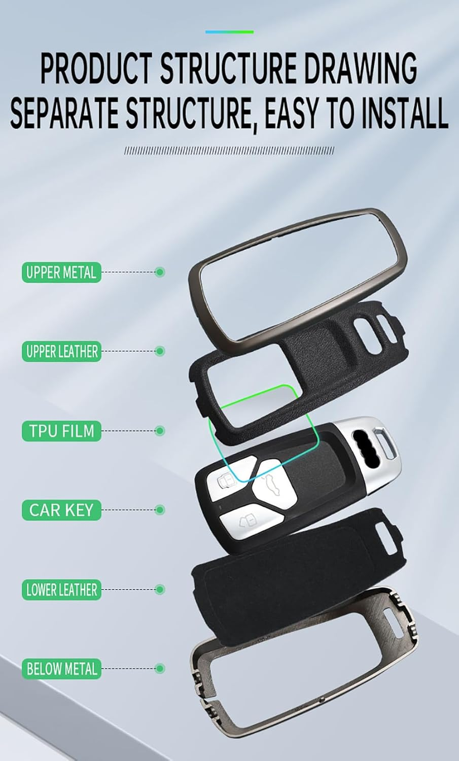 Car Key Case Zinc Alloy Key Fob Holder Cover Leather Keychain Fit for Audi A4 S4 RS4 B9 A5 F5 S5 RS5 A6 A7 C8 A8 S8 Q2 Q5 SQ5 Q7 SQ7 TT TTS TTRS R8 3 Buttons Protector Covers Silvery Black image number 5