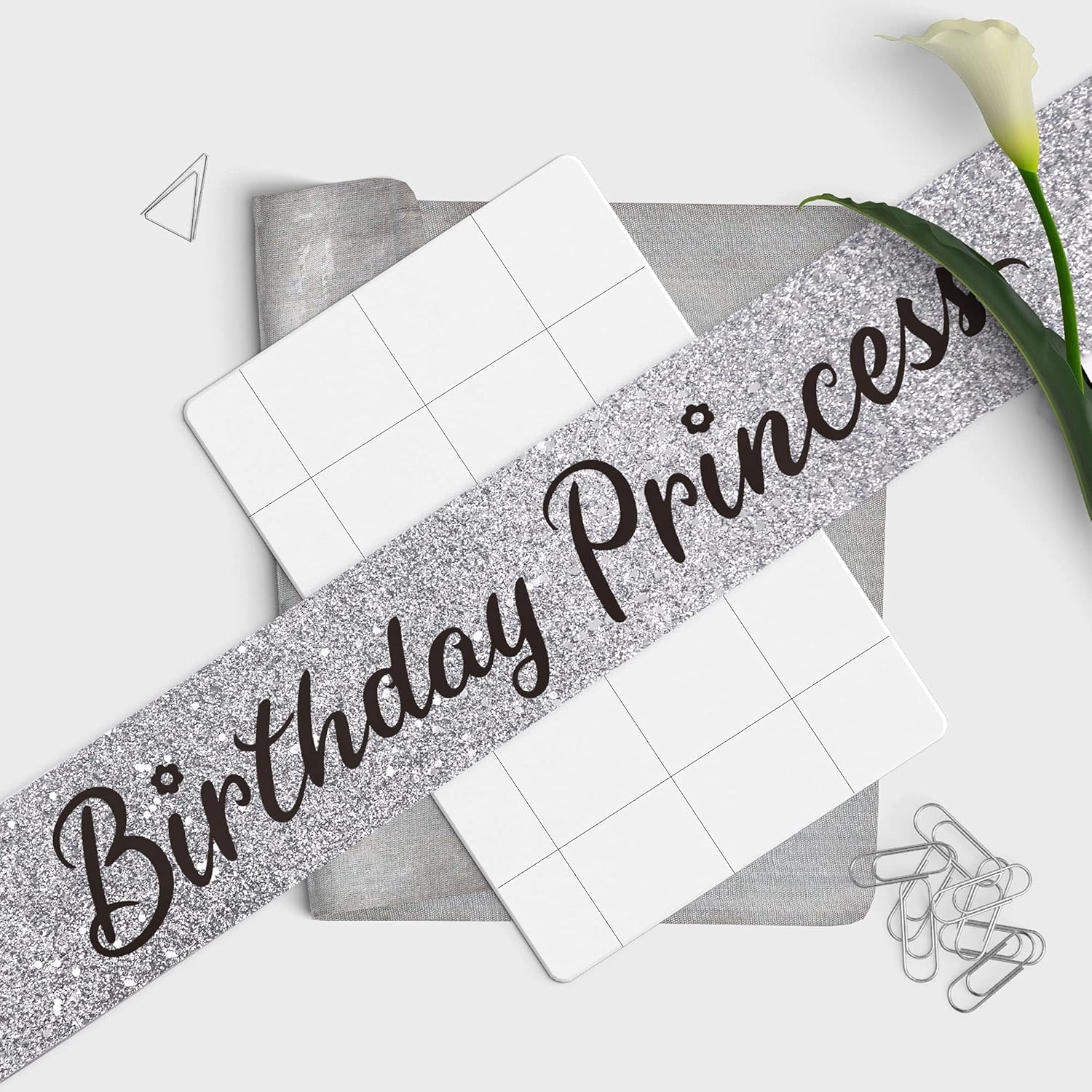 "Birthday Princess"Sash and Rhinestone Crown Set - Glitter Silver Fabric with Black Foil Letters Birthday Sash for Girl + Rhinestone Crown Set Birthday Party Gifts Birthday Party Supplies image number 4