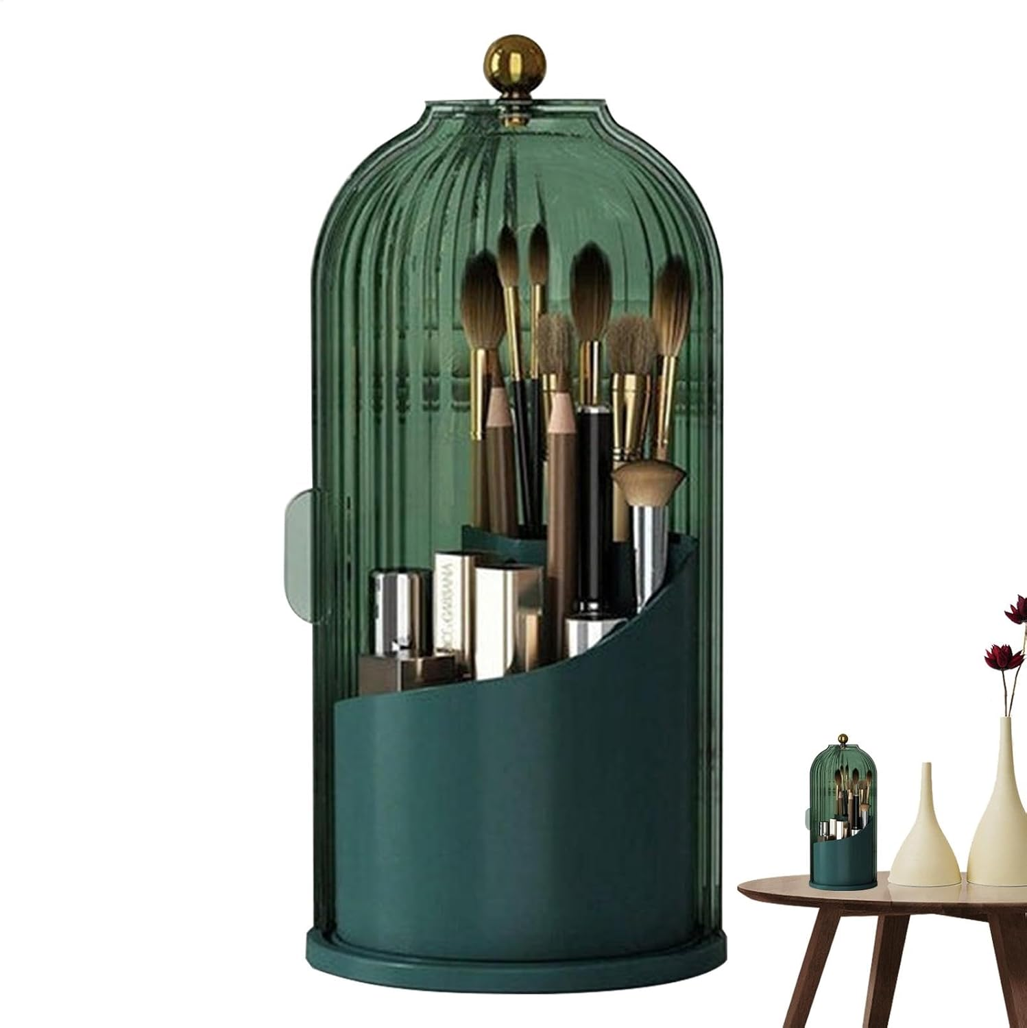 Bird Cage Cosmetic Tools Storage Organizer with Lid,Rotating Makeup Brush Organizer,360&deg; Makeup Brush Organizer, for Vanity, Desktop, Bathroom - Black image number 4