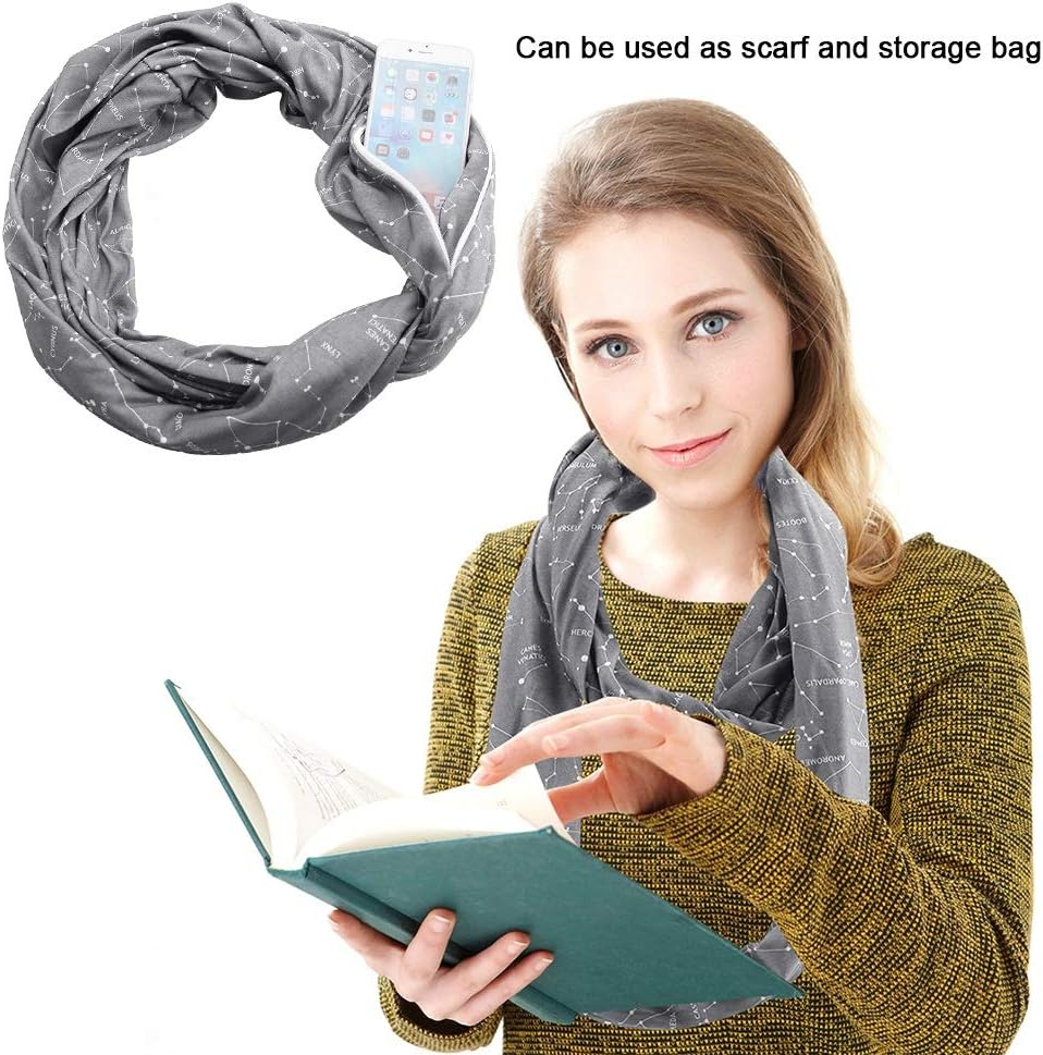 ANKROYU Star Pattern Loop Scarf Storage Bag with Zipper for Wallet Pocket Passport Travel Accessories Polyester Dark Blue Blue Grey Optional 165 180Cm (Grey) image number 2