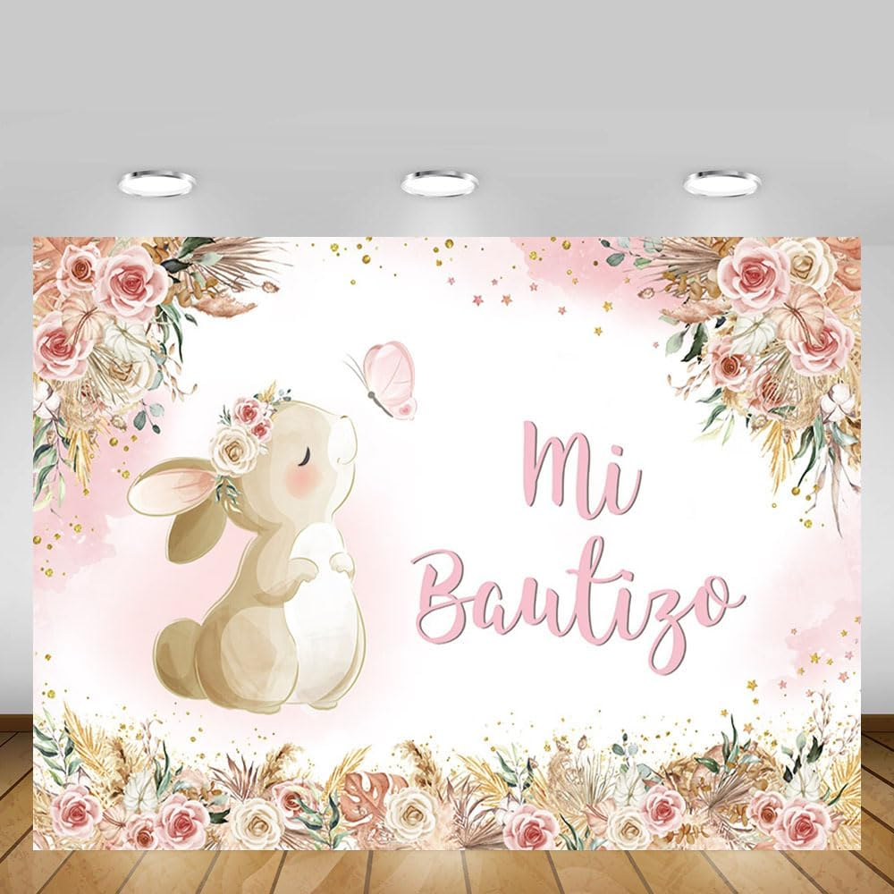 MEHOFOND 2.1 X 1.5 M Girls Christening Background Rabbit My First Communion Cross Bohemian Flower Photography Background Dove Communion Church Christening Party Decoration Banner Studio Supplies image number 6