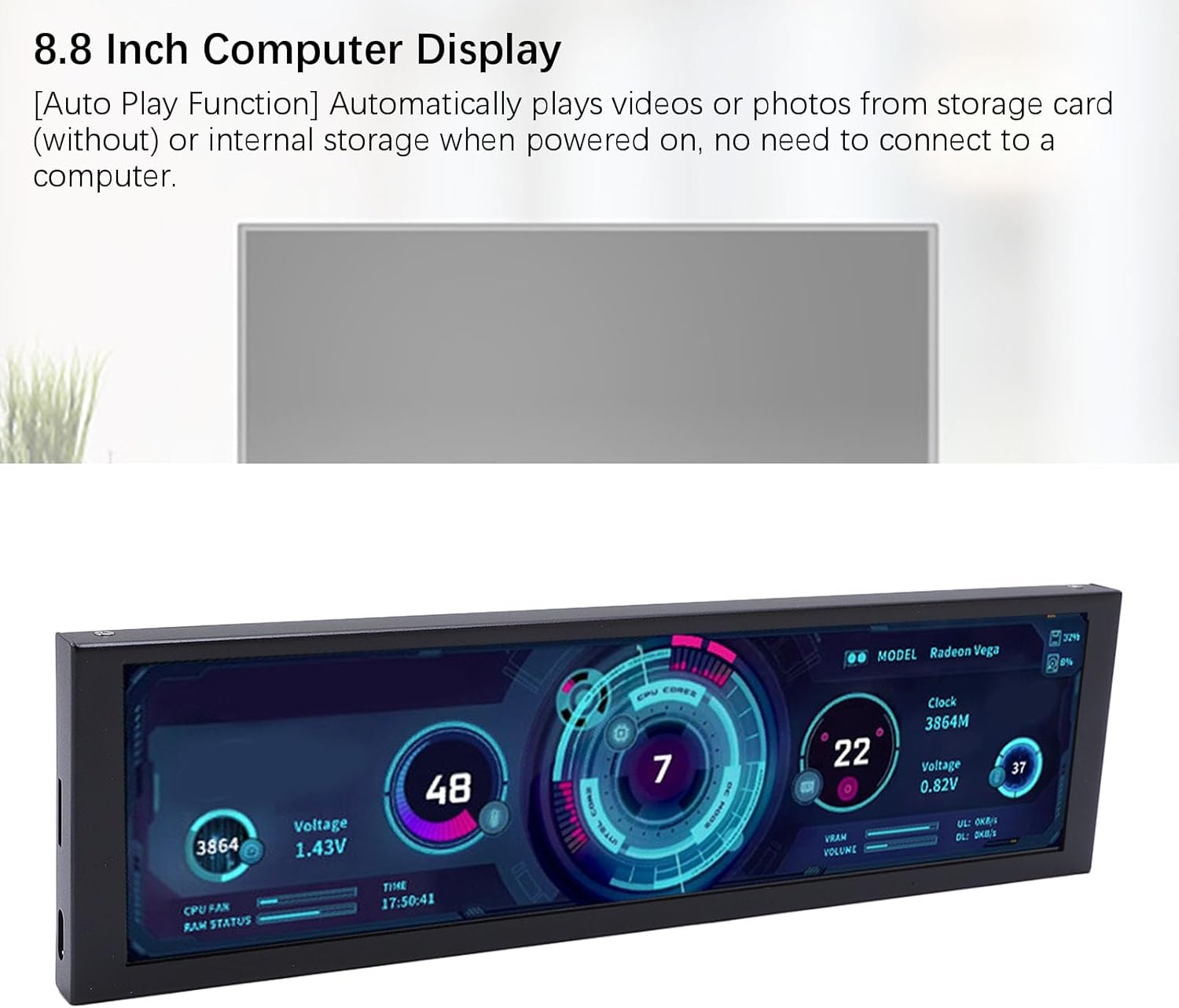 8.8 Inch IPS PC Case Screen - Internal Rotatable Secondary Display W/Standalone SD Playback, Plug and Play Aluminum Frame Monitor, Zero Performance Drain (1920X480) image number 6