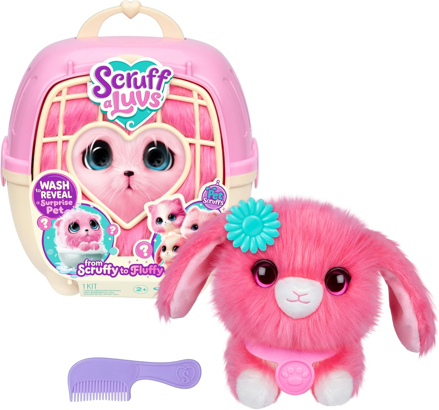 Scruffaluvs Pet Scruffs Pink Mystery Plush Toy, 19Cm (7.5") Tall - Wash to Reveal 1 of 3 Rescue Pets: Puppy, Bunny, or Kitty - Includes 22Cm (8.7") Deluxe Pet Carrier. Styles May Vary. image number 5