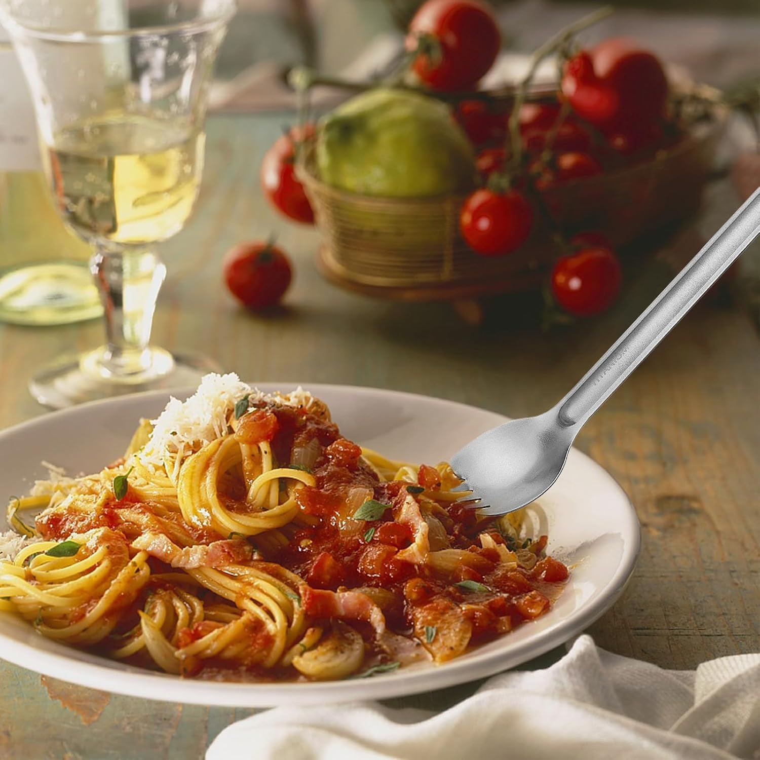 2Pcs Ti Long Handle Cutlery Spoon and Spork Set, Easy to Carry and Store, Camping Spork, a Hole on the Handle for Home, Camping, Hiking, Backpacking, Picnic (Spork and Spoon) image number 4