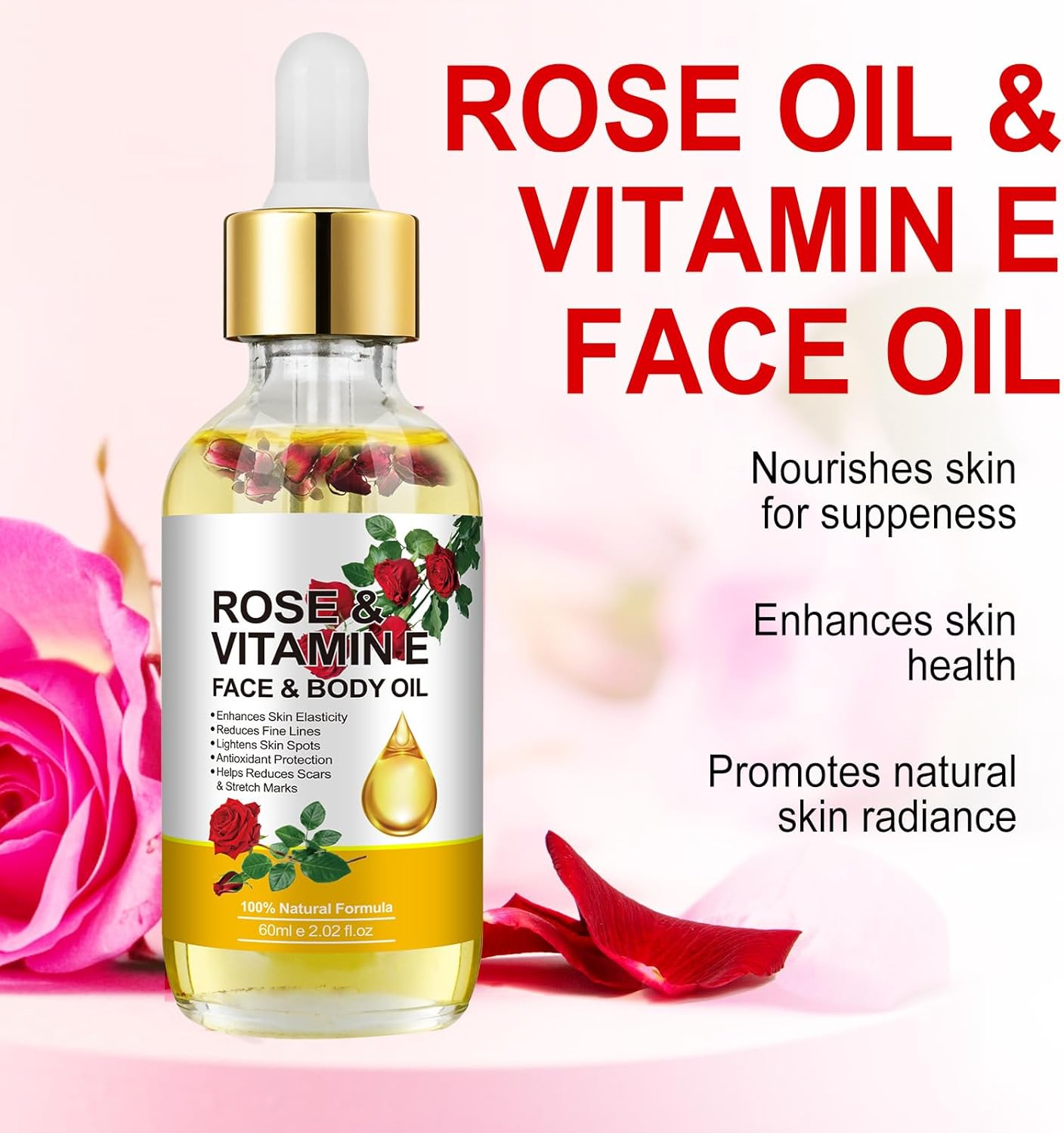 Vitamin E Oil for Skin, Rose Oil for Face, Natural Skincare Body Oil, Moisturizing Organic Rose Oil for anti Ageing, Reduce Scar and Stretch Marks 2.02 Oz image number 3