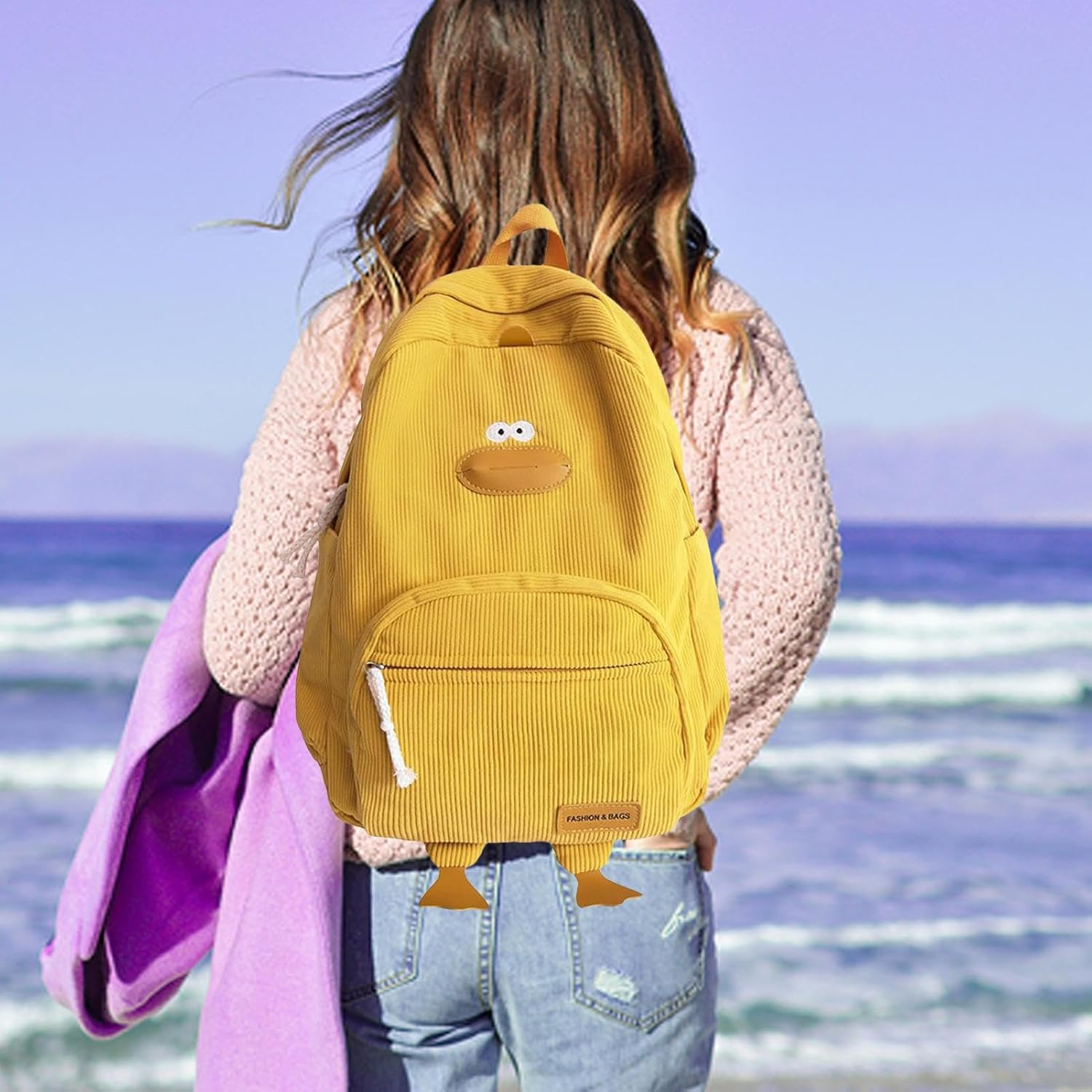 Novelty Duck Backpack, Funny Animal Cartoon Corduroy Backpack Kaw-Aii Aesthetic Laptop Backpacks Preppy Stuff Travel Laptops Bag Large Outdoor Waterproof Casual Daypacks for Cell Phone Laptop Books - Black image number 2