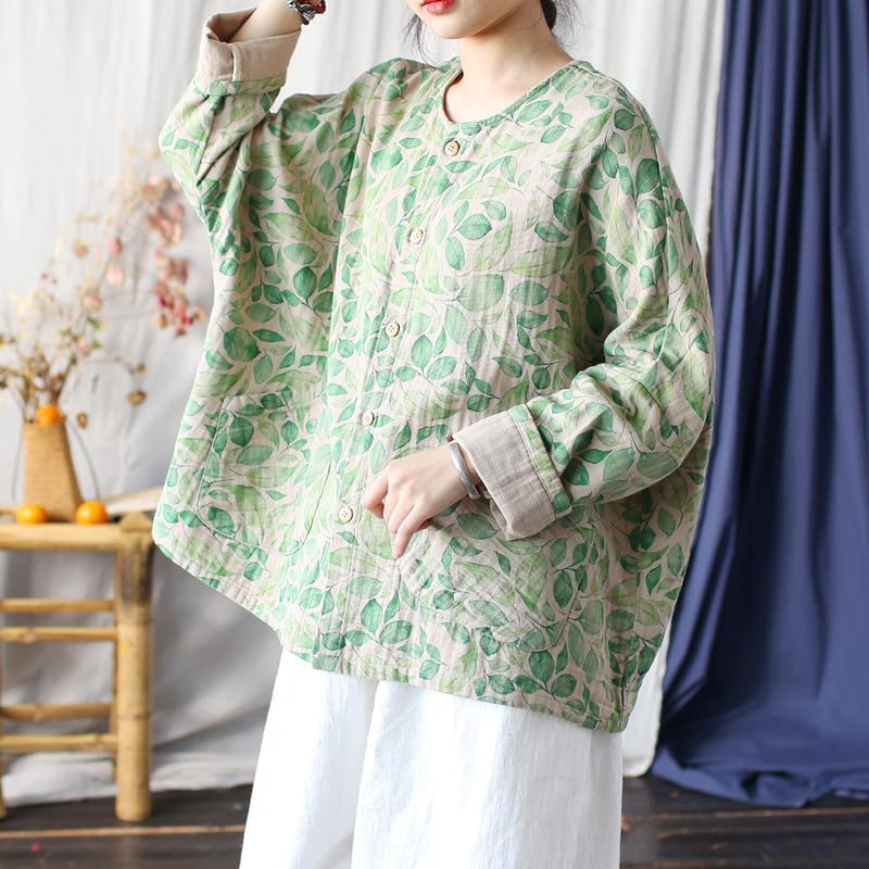 Women'S Vintage Batwing Sleeve Cotton Linen Jacket Retro Ethnic round Neck Spring Tops image number 1