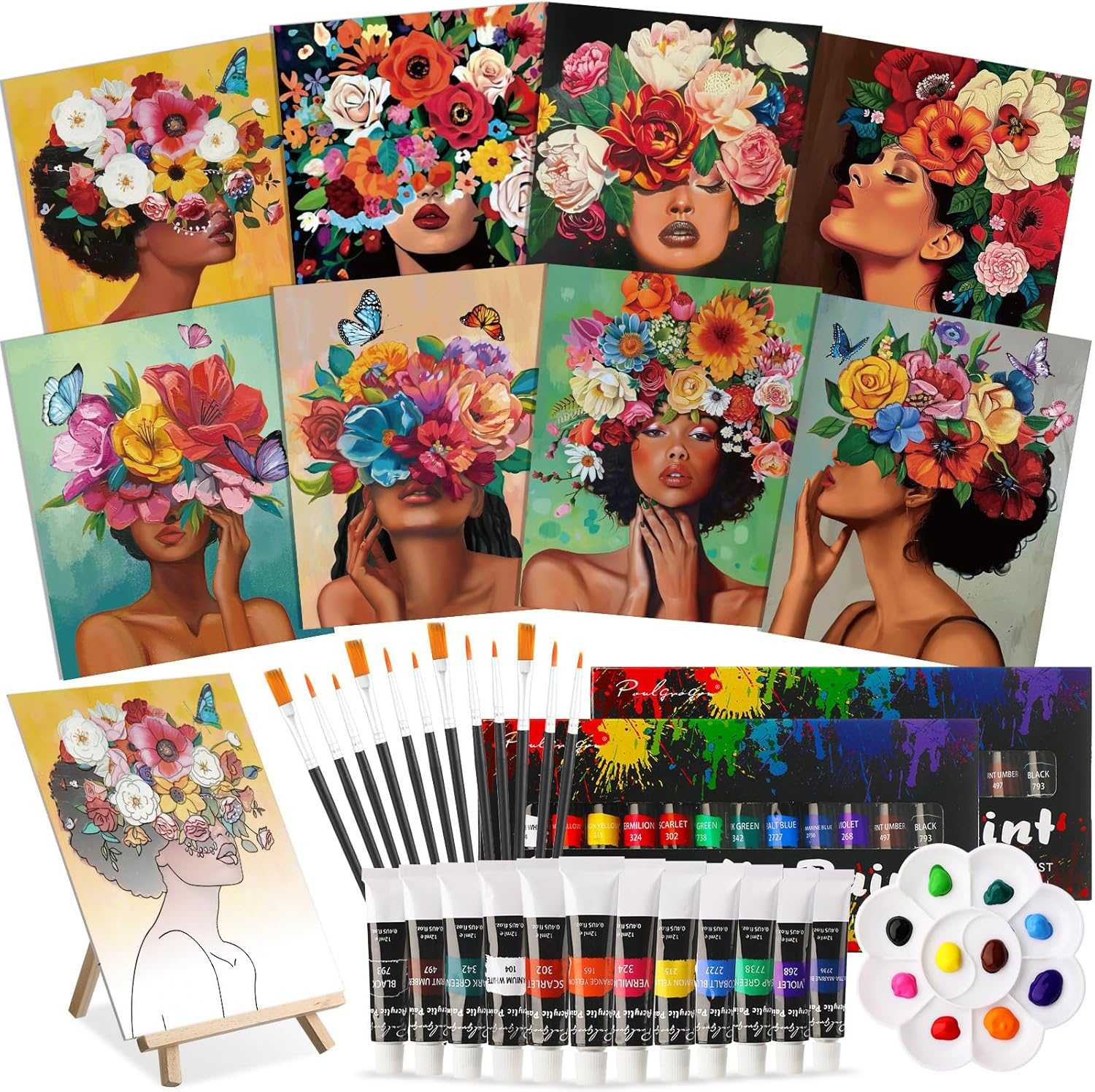 Cholemy 36 Pcs Paint and Sip Kit for Adults 8'' X 10'' Pre Drawn Canvas for Painting DIY Afro Acrylic Couples Painting Kit Wood Easel Brushes Date Night Bulk for Valentine Party Gifts image number 3
